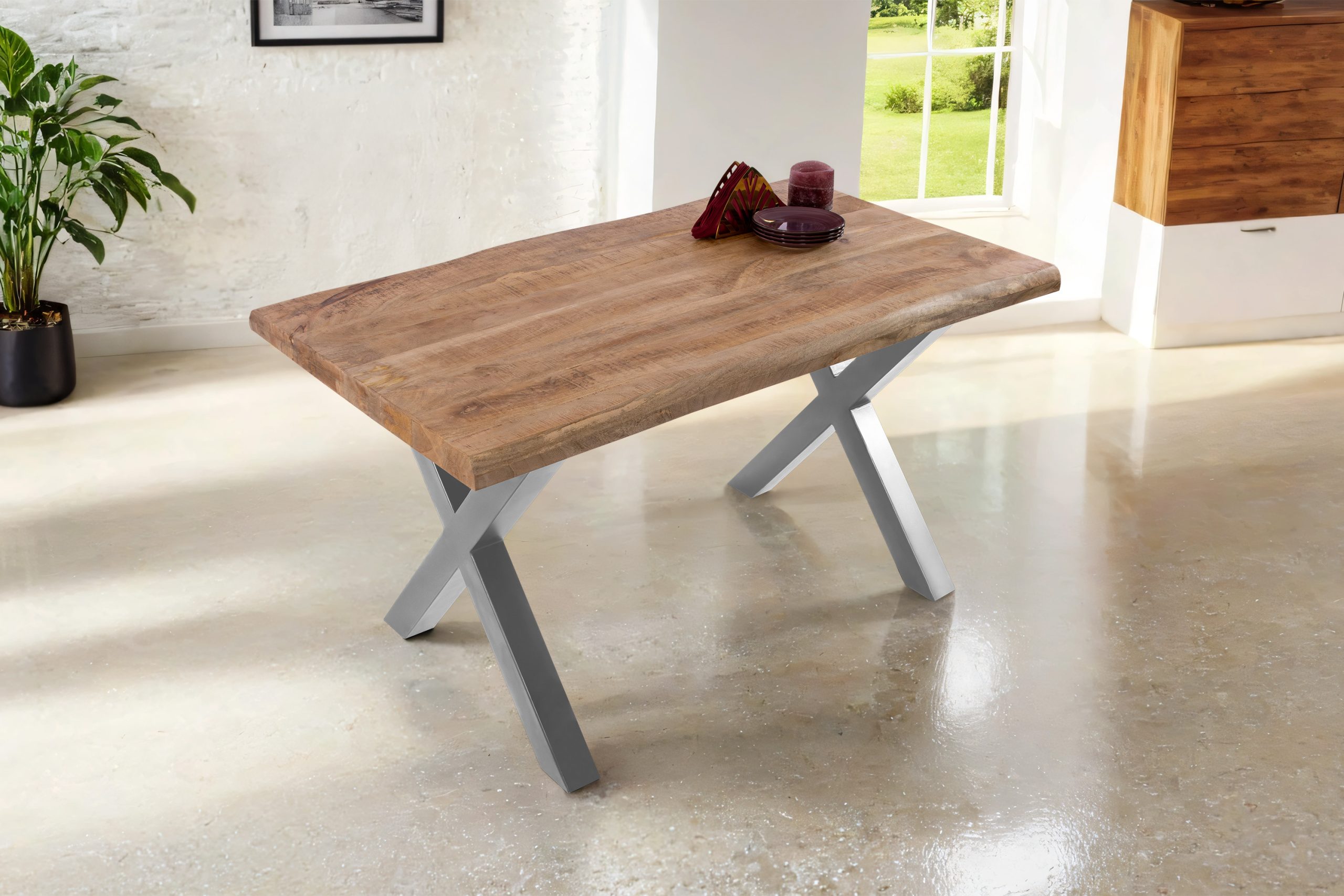 Esstisch Baumkante 160 x 85 cm Mangoholz Rough X-Gestell silber CALI