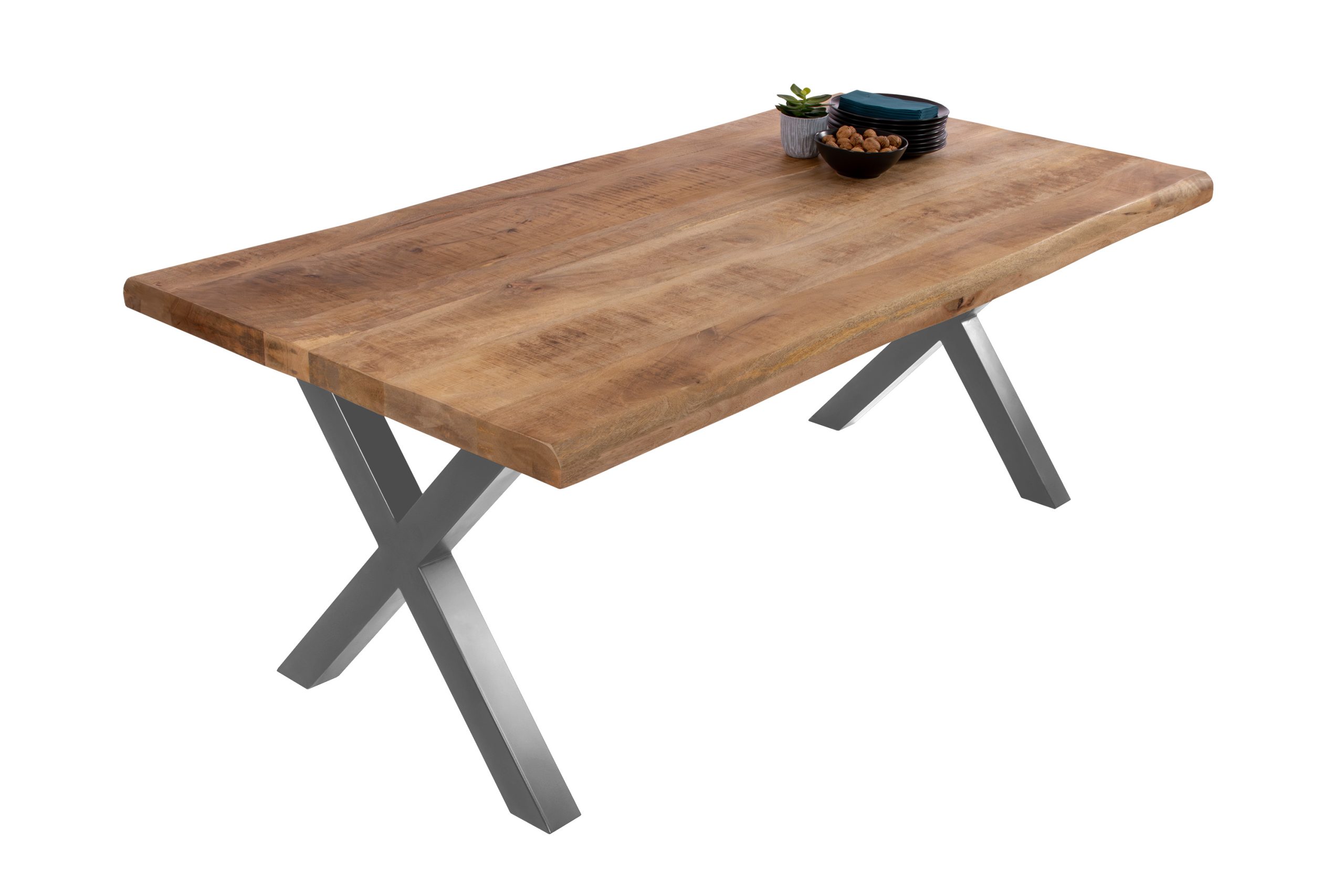Esstisch Baumkante 220 x 100 cm Mangoholz Rough X-Gestell silber CALI – Bild 3