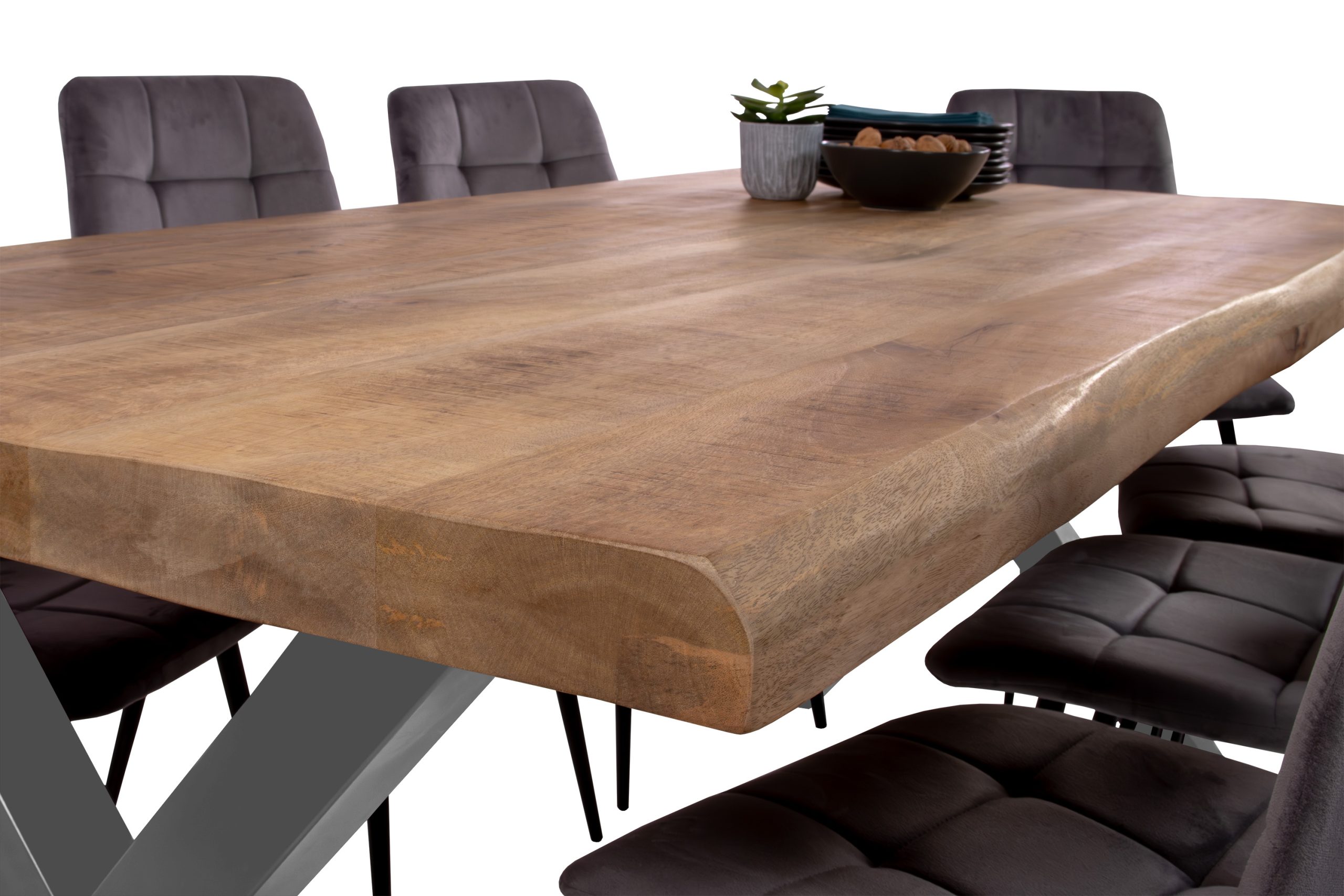 Esstisch Baumkante 220 x 100 cm Mangoholz Rough X-Gestell silber CALI – Bild 5