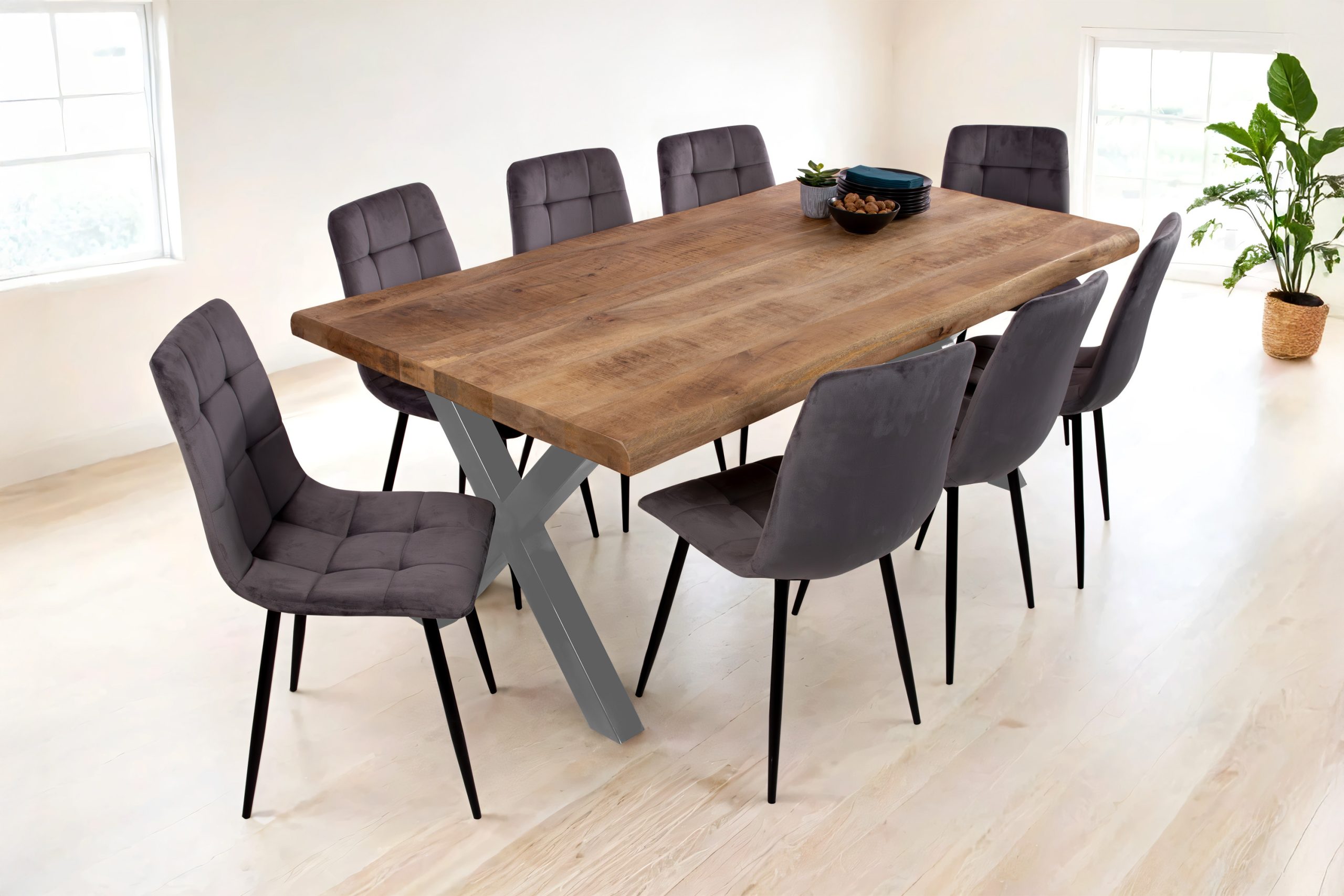 Esstisch Baumkante 220 x 100 cm Mangoholz Rough X-Gestell silber CALI – Bild 7