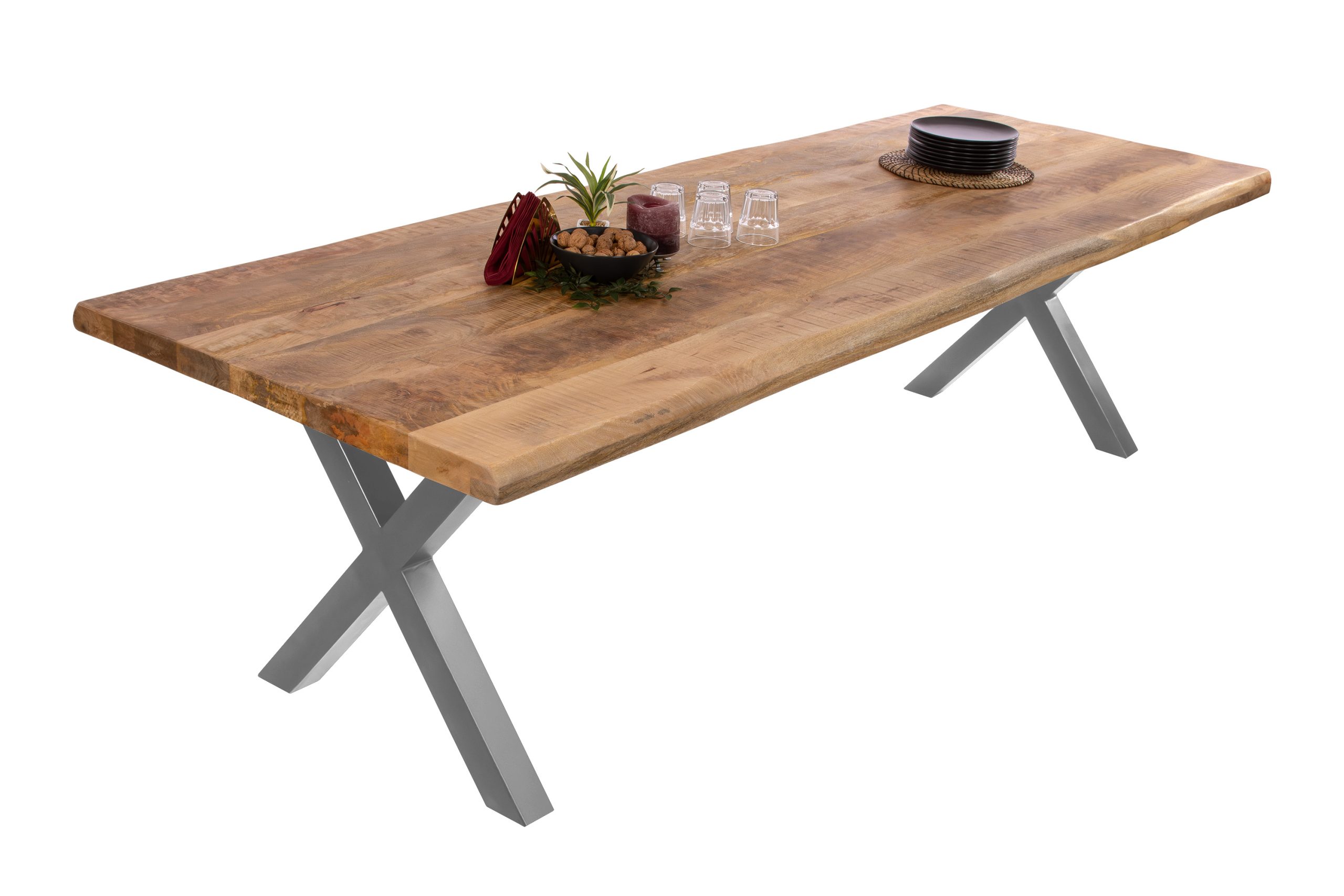 Esstisch Baumkante 240 x 100 cm Mangoholz Rough X-Gestell silber CALI – Bild 3
