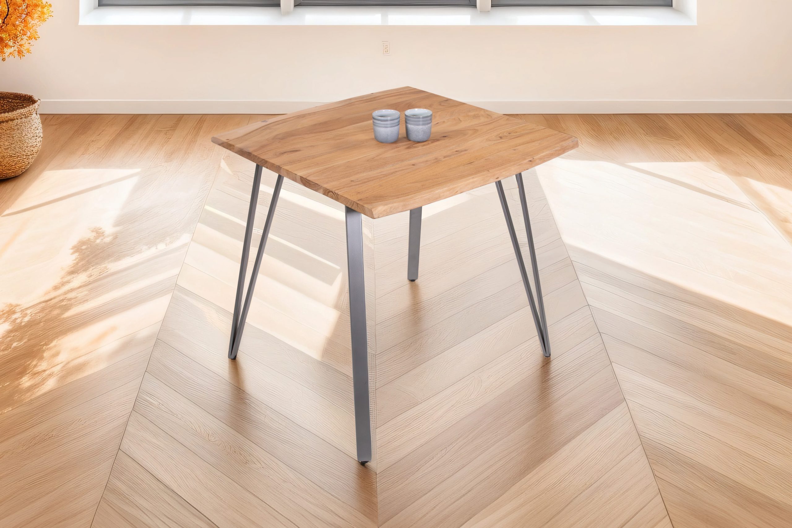 Esstisch Baumkante massiv Akazie natur 80 x 80 cm Metallgestell silber CELIA