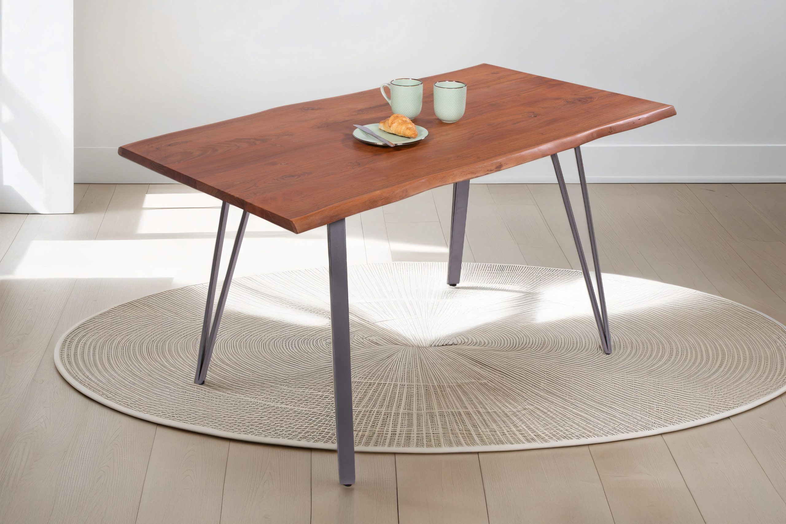 Esstisch Baumkante massiv Akazie nussbaum 140 x 80 cm Metallgestell silber CELIA