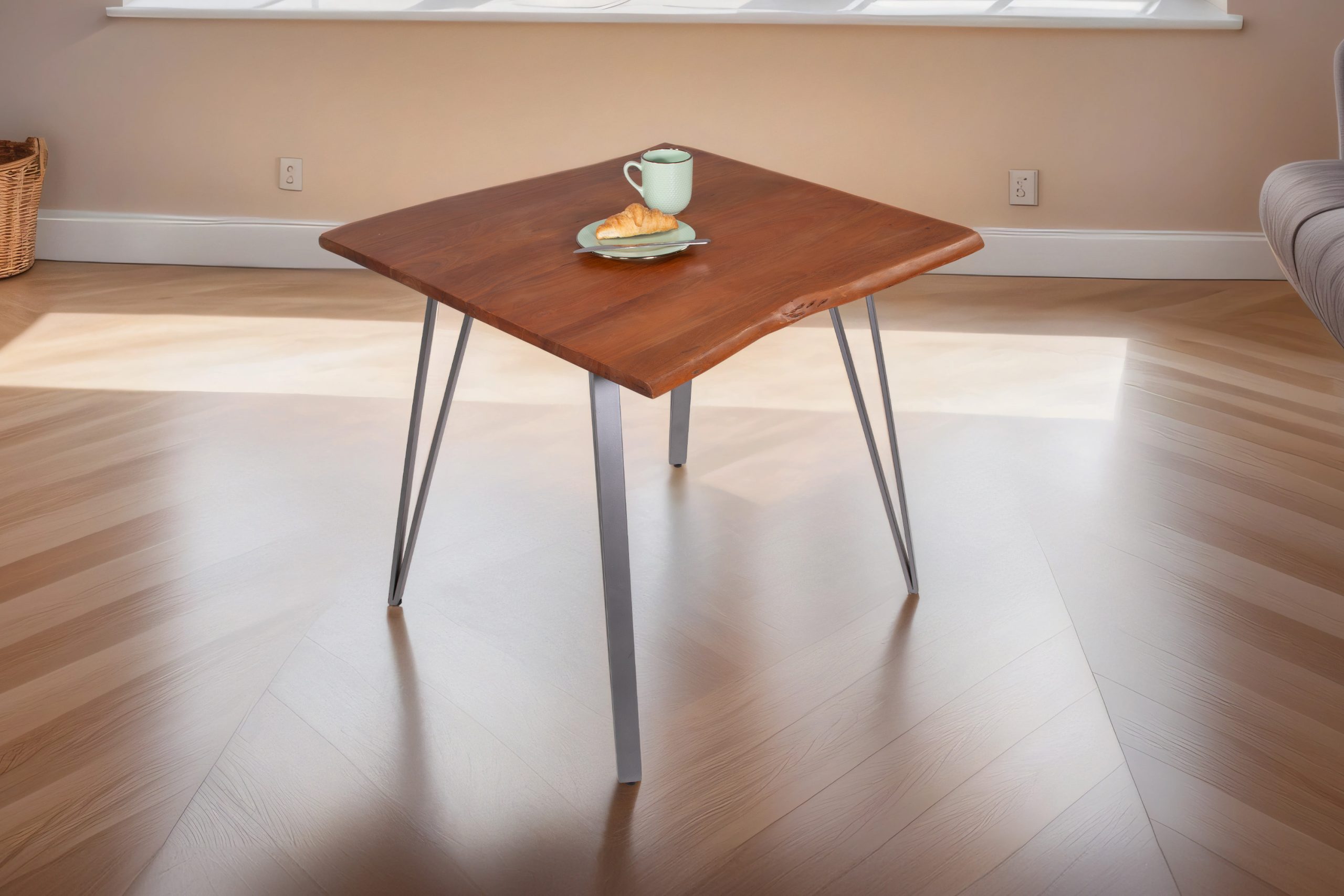 Esstisch Baumkante massiv Akazie nussbaum 80 x 80 cm Metallgestell silber CELIA