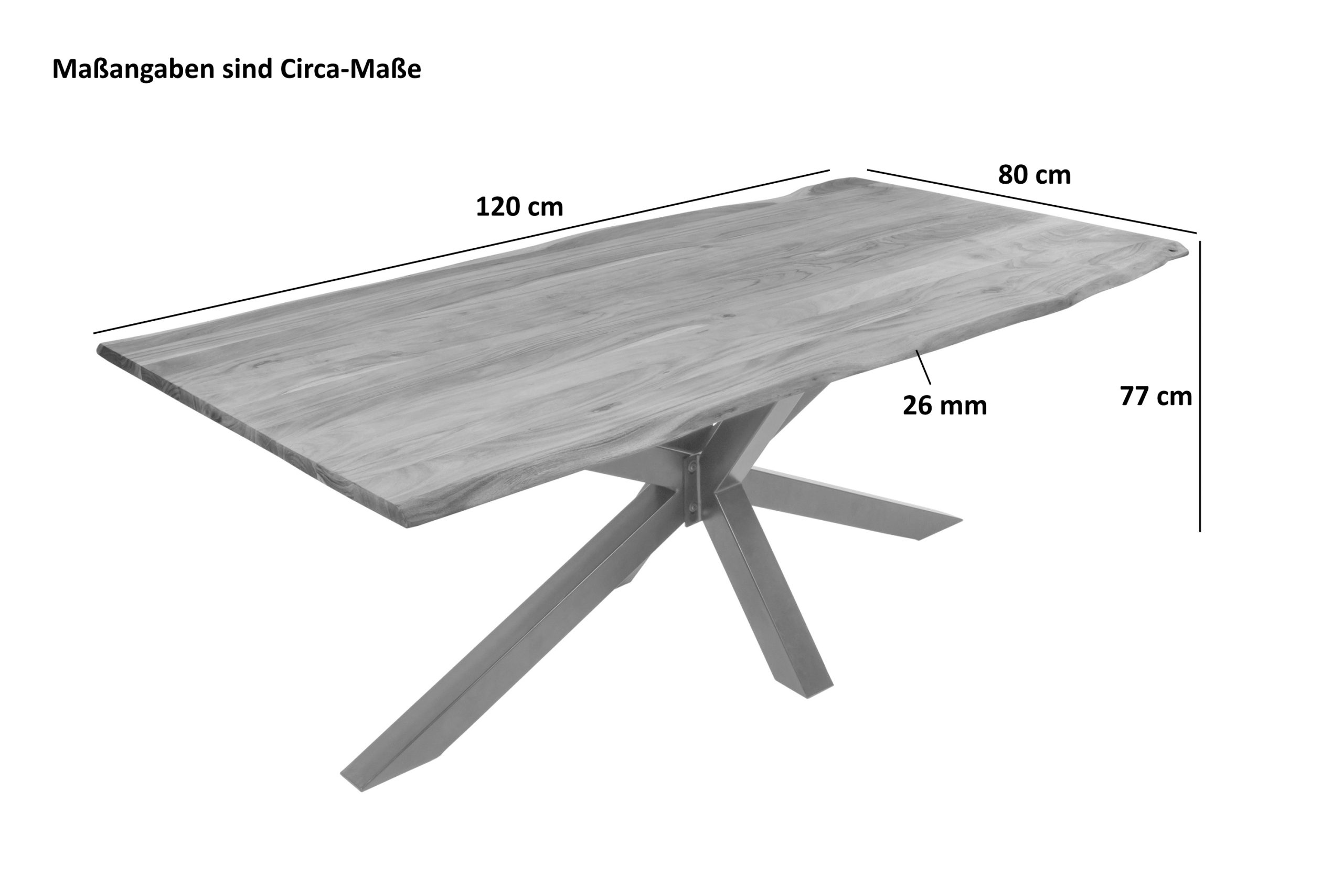 Esstisch Baumkante Akazie massiv eichenfarben 120 x 80 Spider-Gestell weiß DEREK – Bild 4