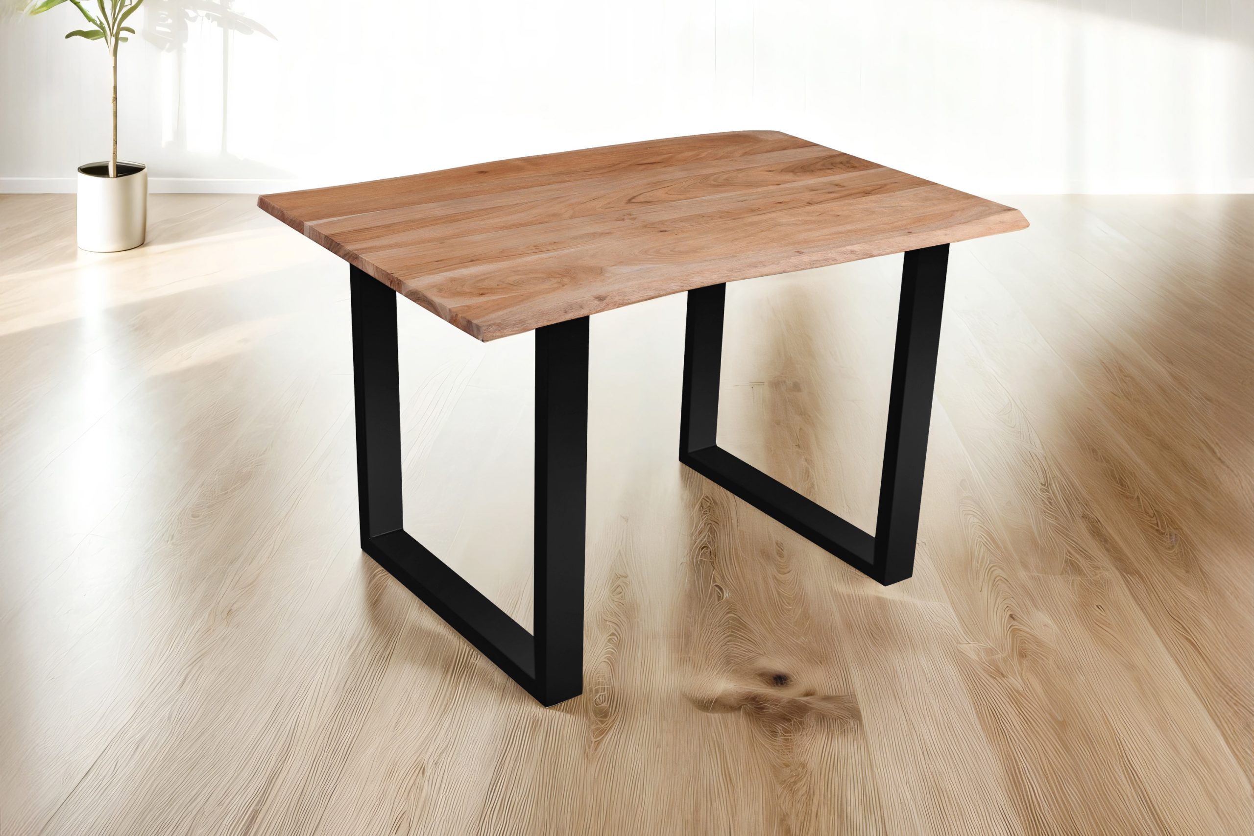 Esstisch Baumkante Akazie massiv eichenfarben 120 x 80 U-Gestell schwarz DEREK