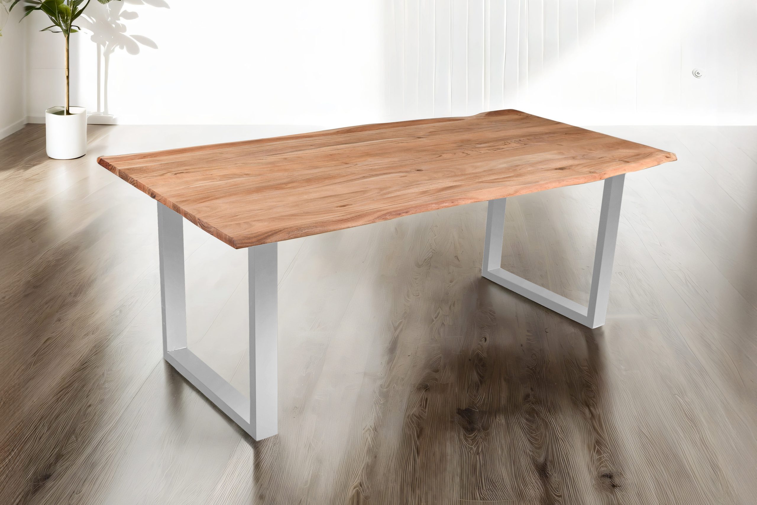 Esstisch Baumkante Akazie massiv eichenfarben 200 x 100 cm U-Gestell silber DEREK