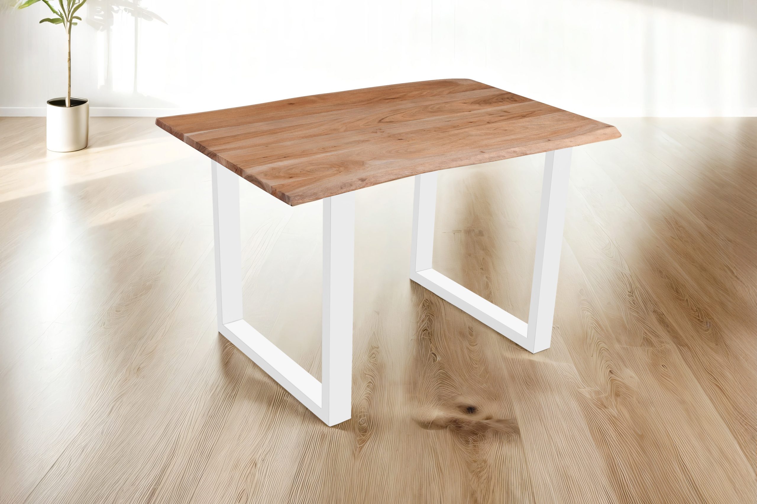 Esstisch Baumkante Akazie massiv eichenfarben 140 x 80 cm U-Gestell weiß DEREK