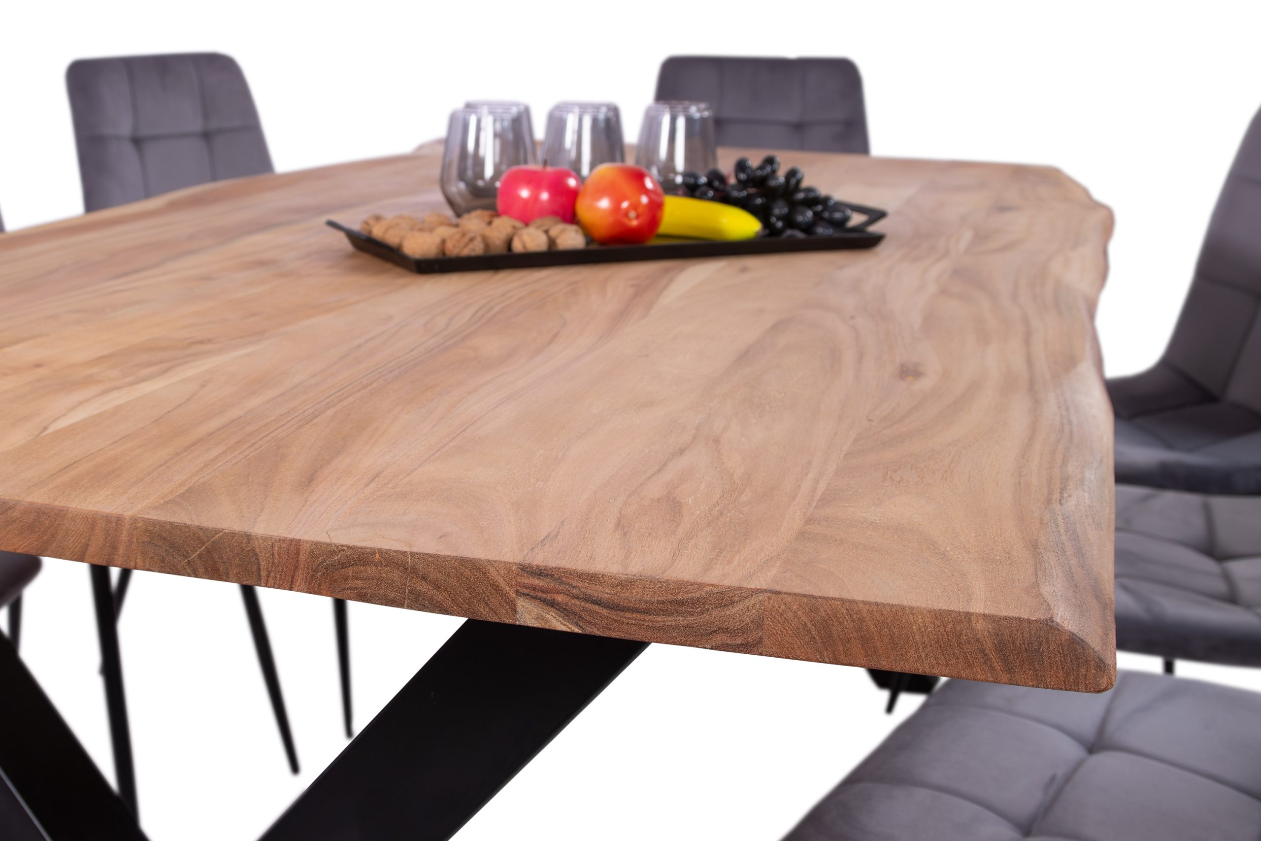 Esstisch Baumkante Akazie massiv eichenfarben 300 x 100 cm X-Gestell schwarz DEREK – Bild 5