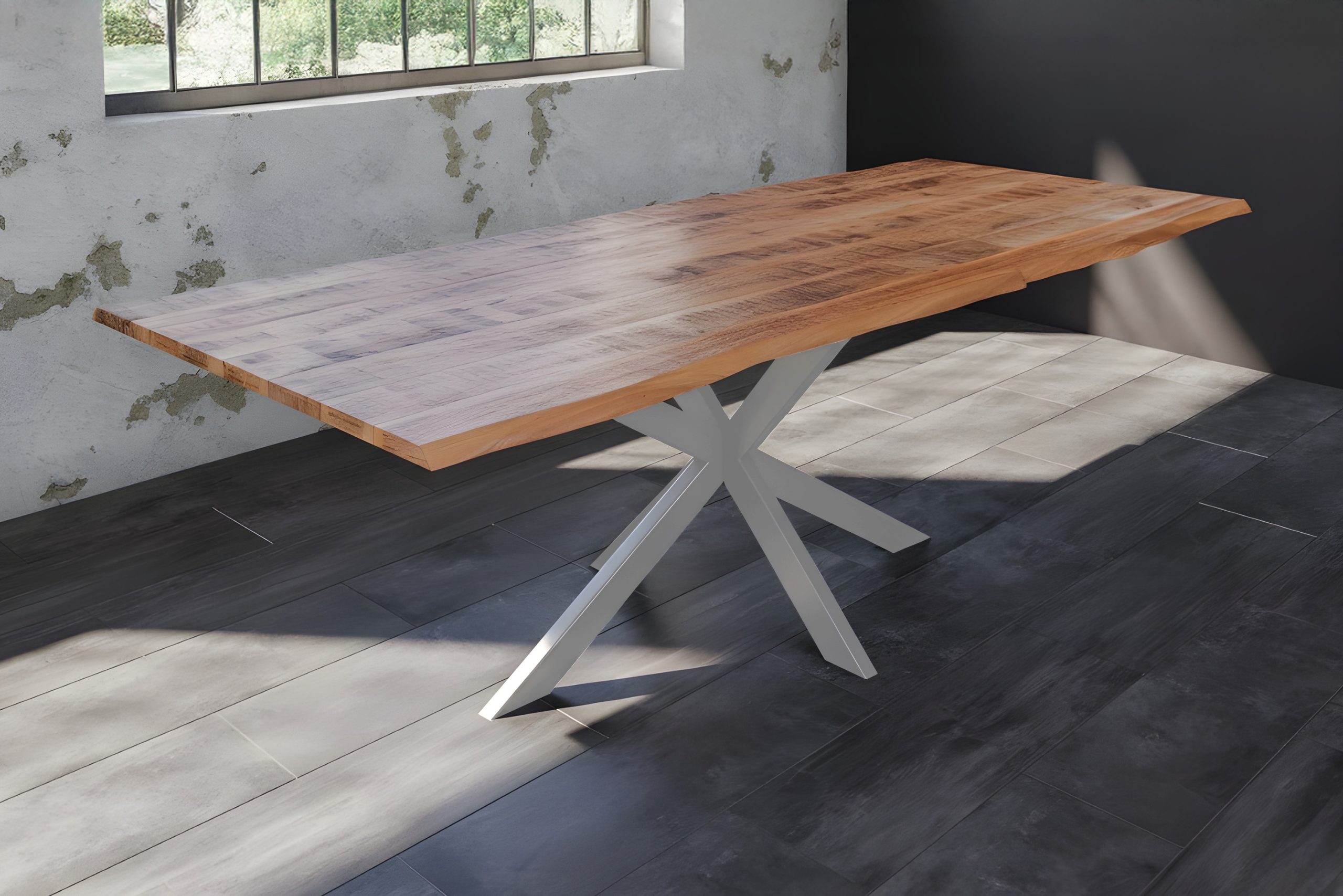 Baumkantentisch Esstisch Mangoholz massiv Spider-Gestell silber 180 x 90 cm DORA