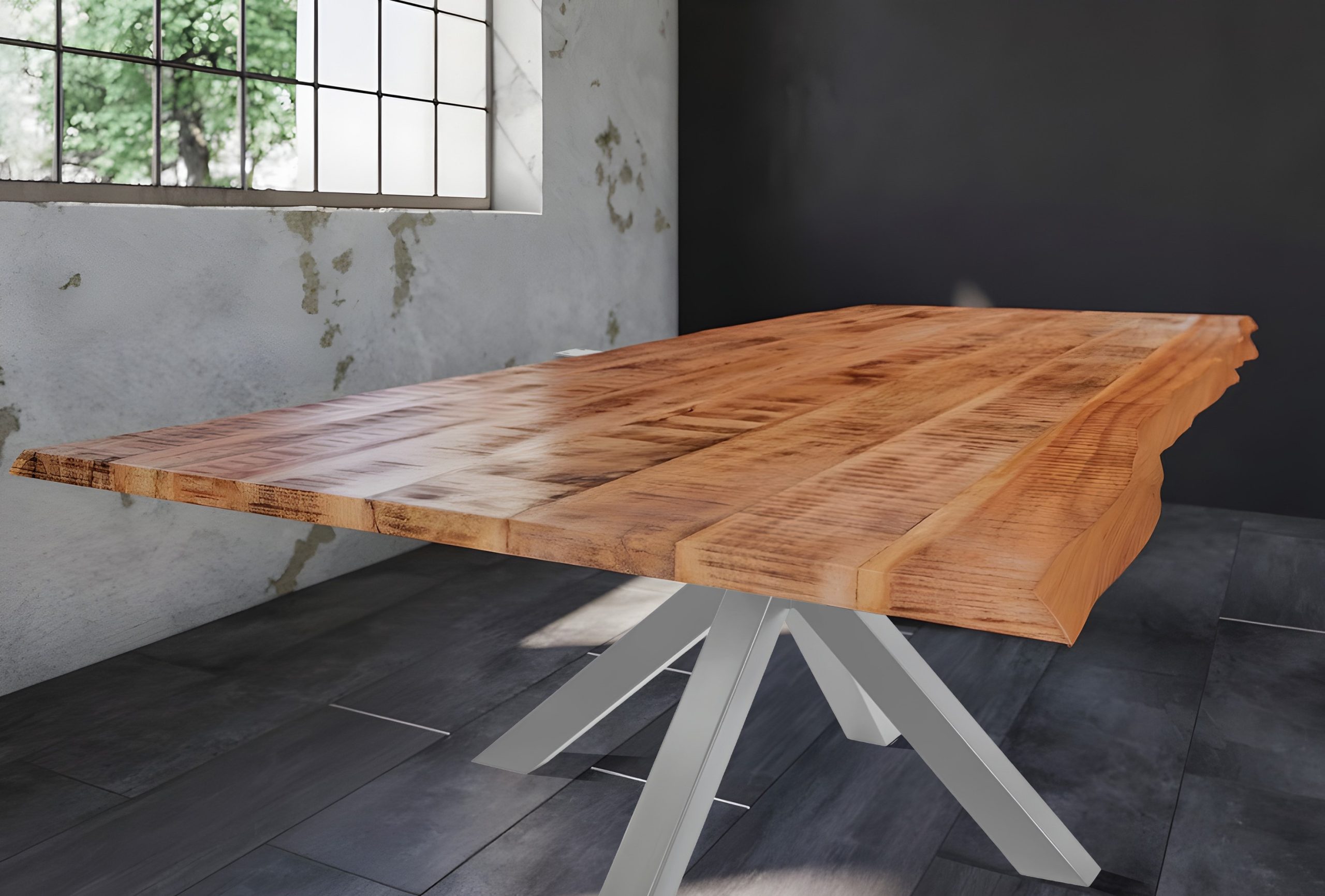 Baumkantentisch Esstisch Mangoholz massiv Spider-Gestell silber 220 x 100 cm DORA – Bild 4