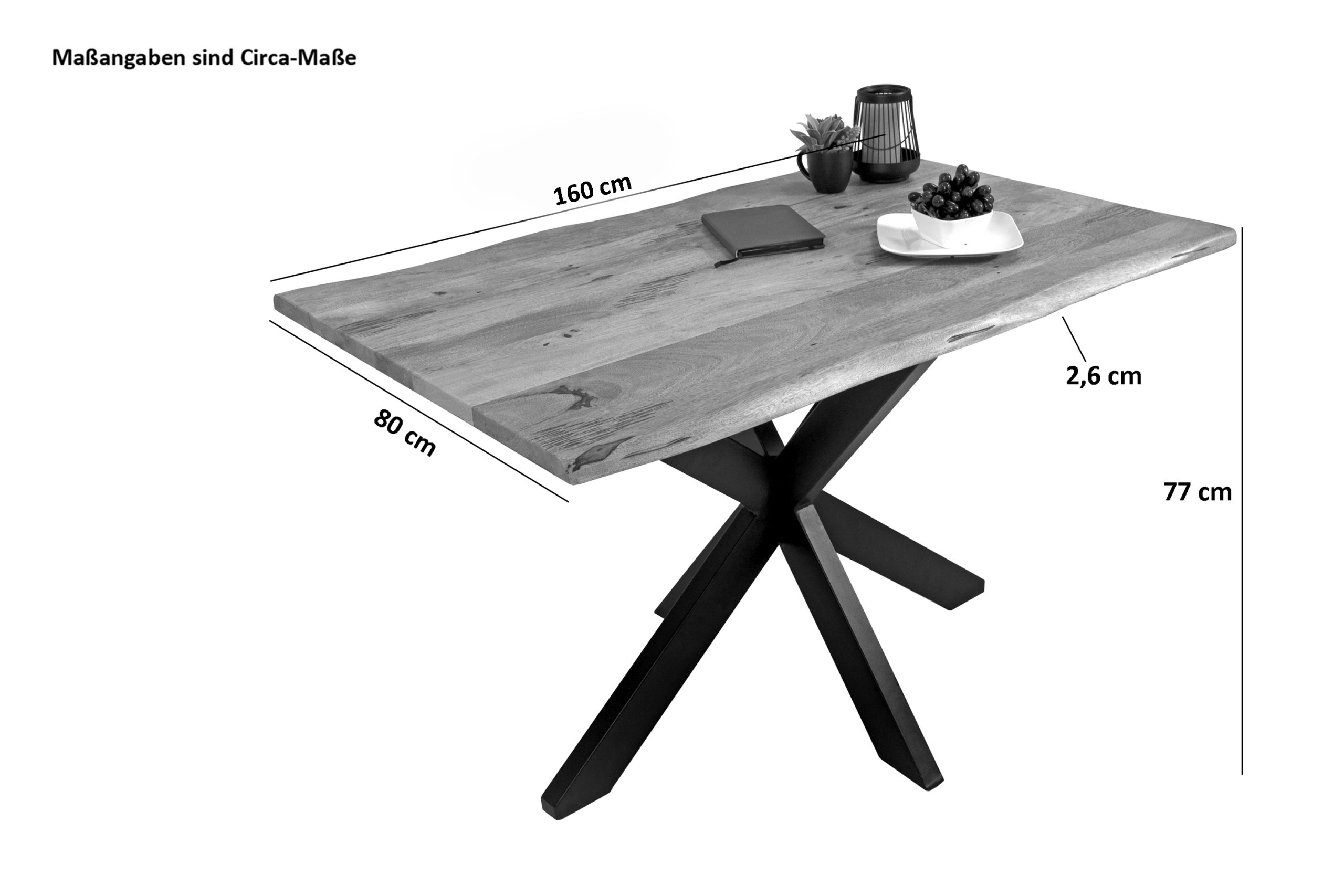 Baumkantentisch Mangoholz Esstisch Vintage-Optik 160 x 85 cm Spider-Gestell schwarz TIGER – Bild 4