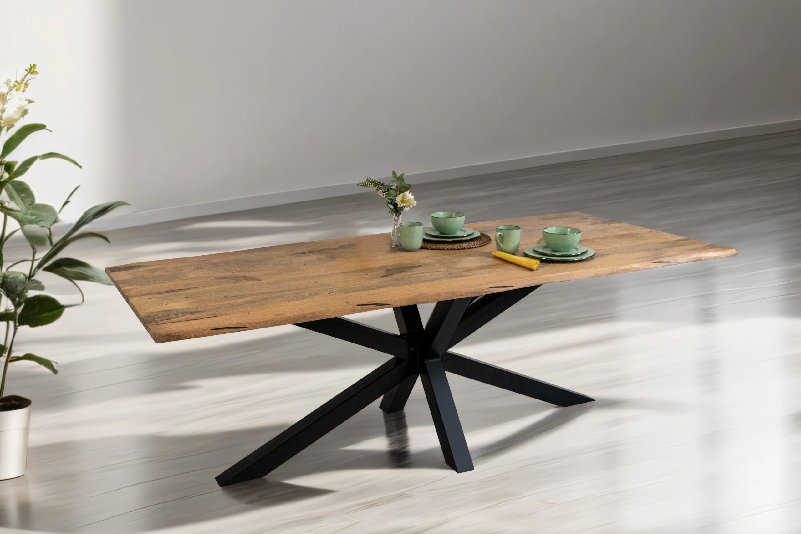 Baumkantentisch Mangoholz Esstisch Vintage-Optik 200 x 100 cm Spider-Gestell schwarz TIGER