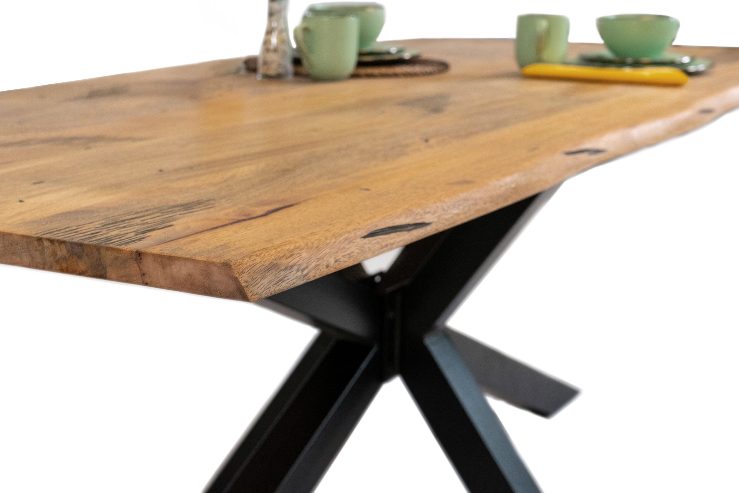 Baumkantentisch Mangoholz Esstisch Vintage-Optik 200 x 100 cm Spider-Gestell schwarz TIGER – Bild 5