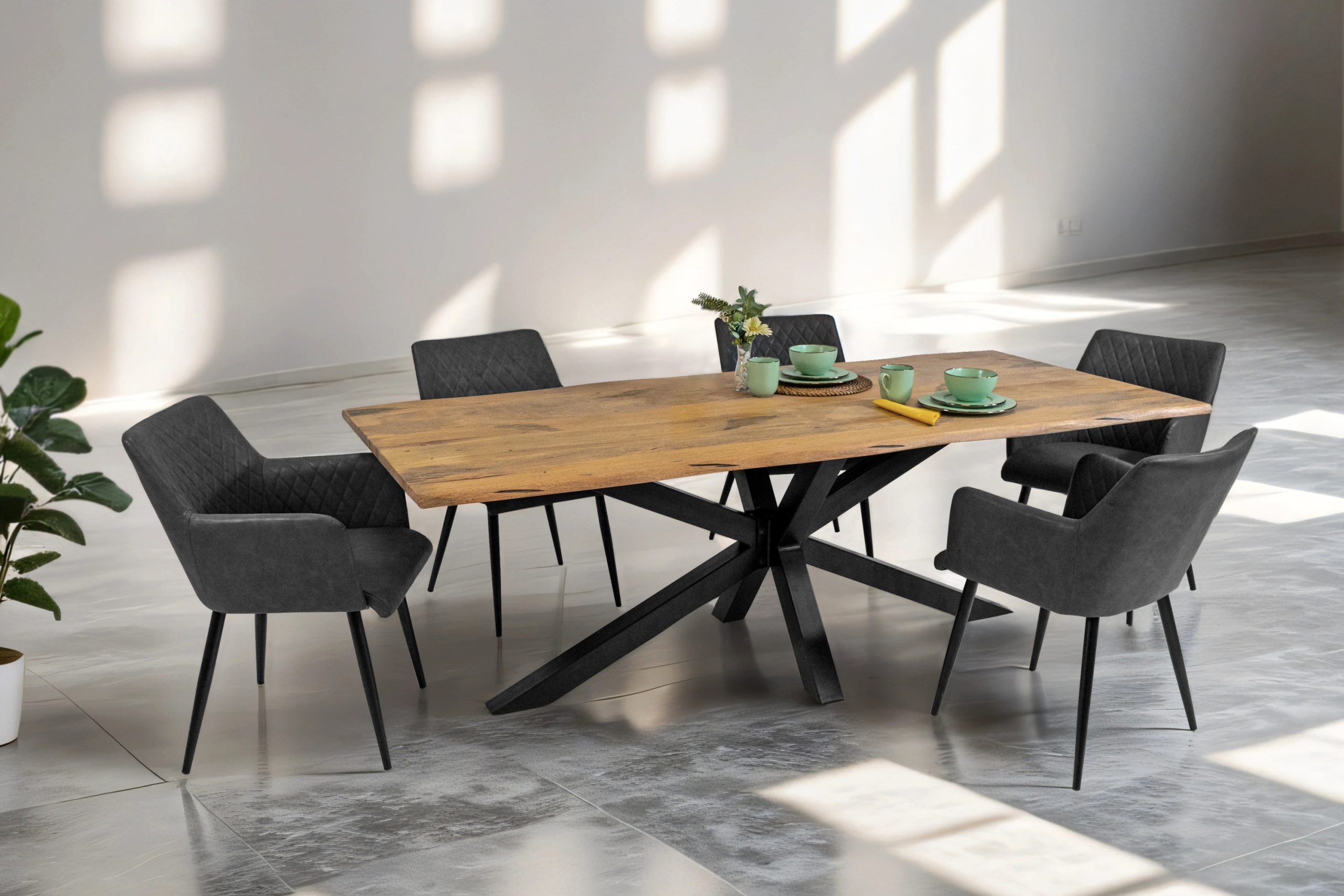 Baumkantentisch Mangoholz Esstisch Vintage-Optik 200 x 100 cm Spider-Gestell schwarz TIGER – Bild 7