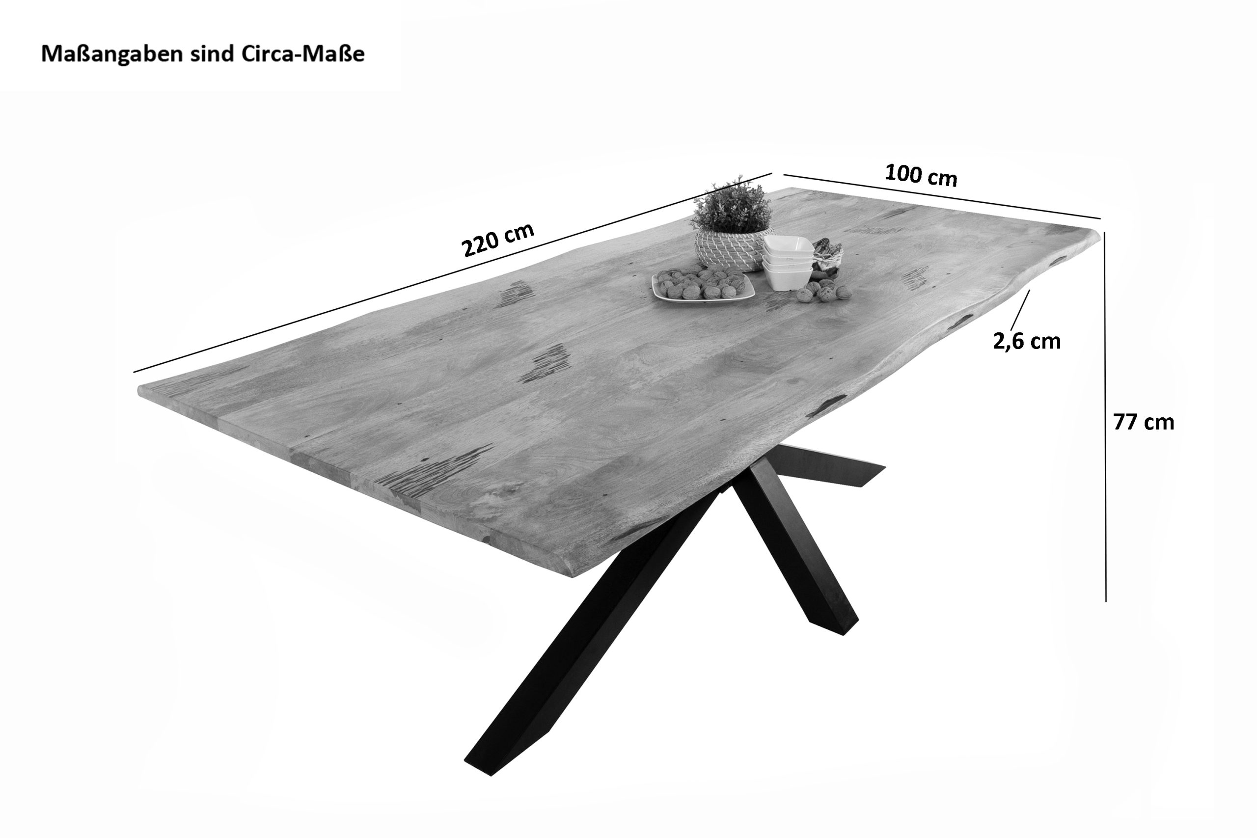 Baumkantentisch Mangoholz Esstisch Vintage-Optik 220 x 100 cm Spider-Gestell schwarz TIGER – Bild 4