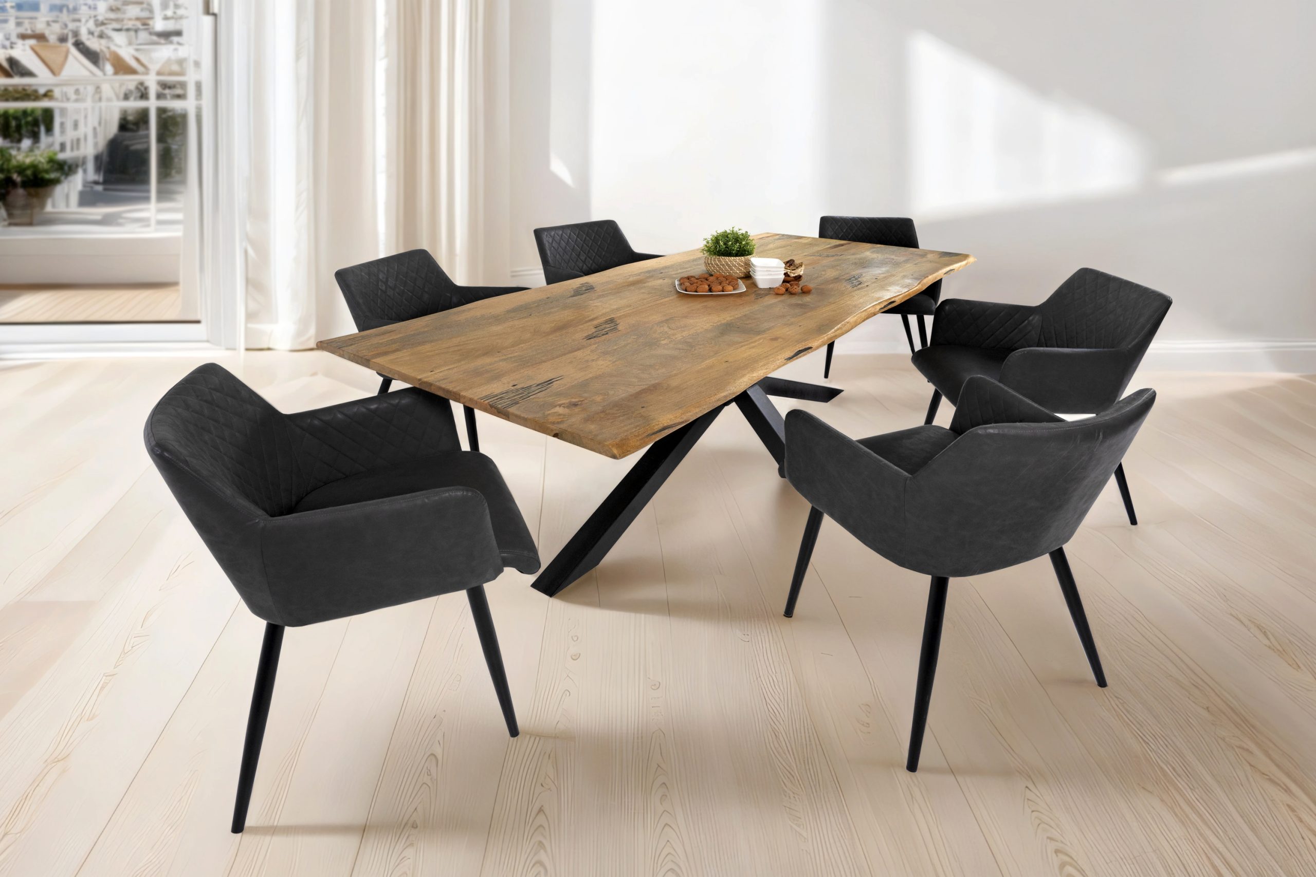 Baumkantentisch Mangoholz Esstisch Vintage-Optik 220 x 100 cm Spider-Gestell schwarz TIGER – Bild 7