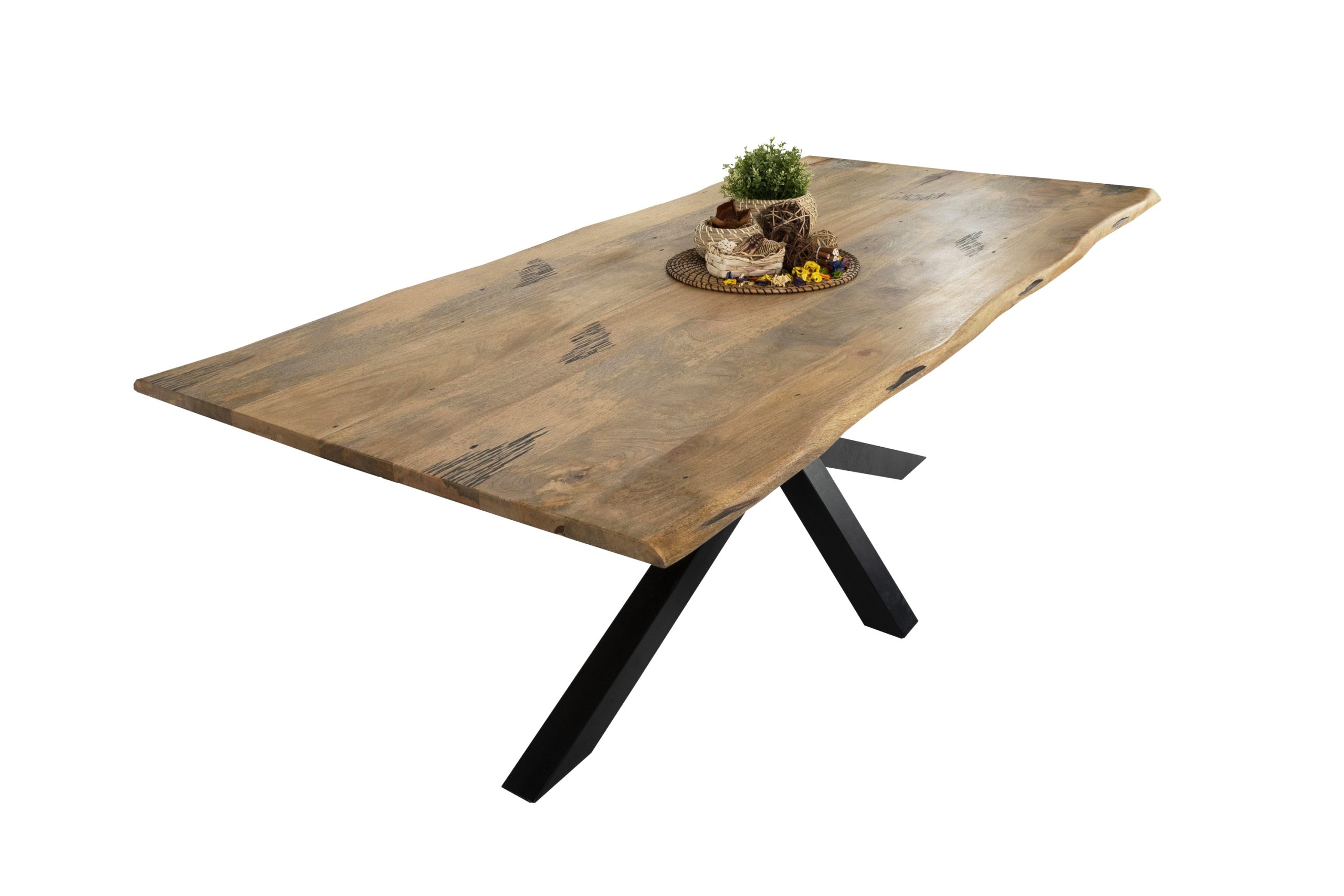 Baumkantentisch Mangoholz Esstisch Vintage-Optik 240 x 100 cm Spider-Gestell schwarz TIGER – Bild 3