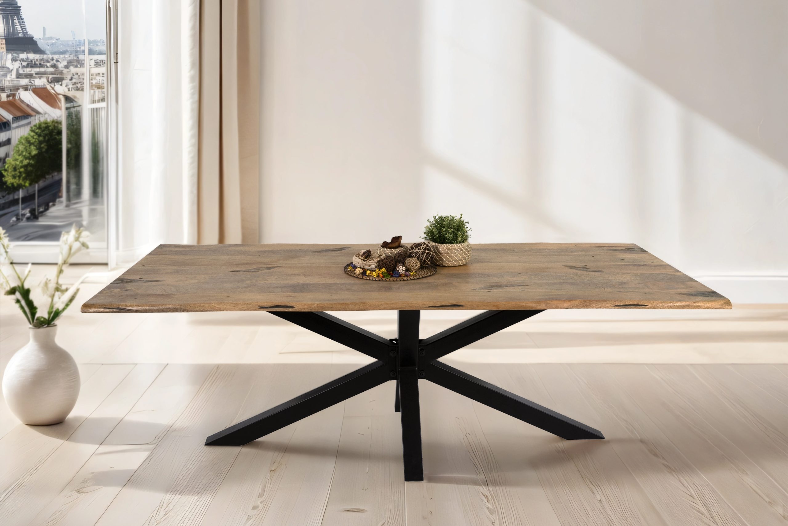 Baumkantentisch Mangoholz Esstisch Vintage-Optik 240 x 100 cm Spider-Gestell schwarz TIGER – Bild 8