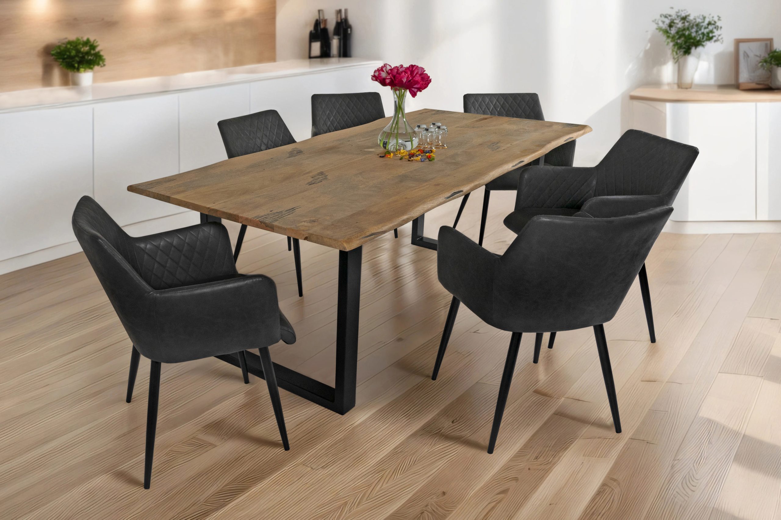 Baumkantentisch Mangoholz Esstisch Vintage-Optik 200 x 100 cm U-Gestell schwarz TIGER – Bild 7