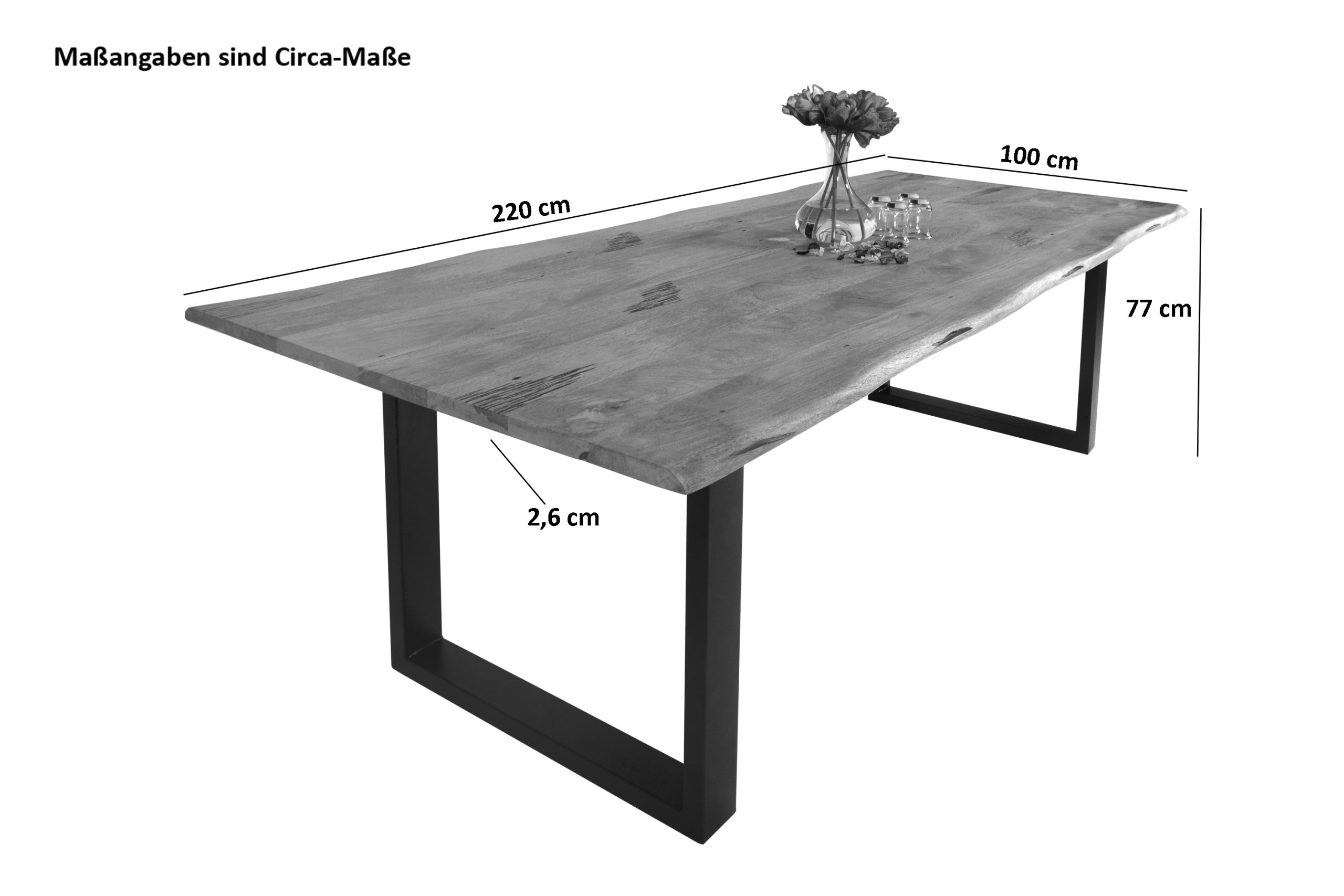 Baumkantentisch Mangoholz Esstisch Vintage-Optik 220 x 100 cm U-Gestell schwarz TIGER – Bild 4