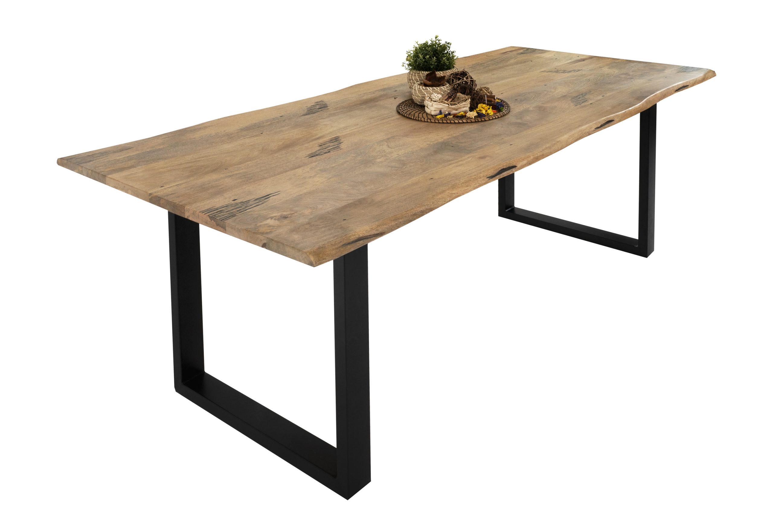 Baumkantentisch Mangoholz Esstisch Vintage-Optik 240 x 100 cm U-Gestell schwarz TIGER – Bild 3