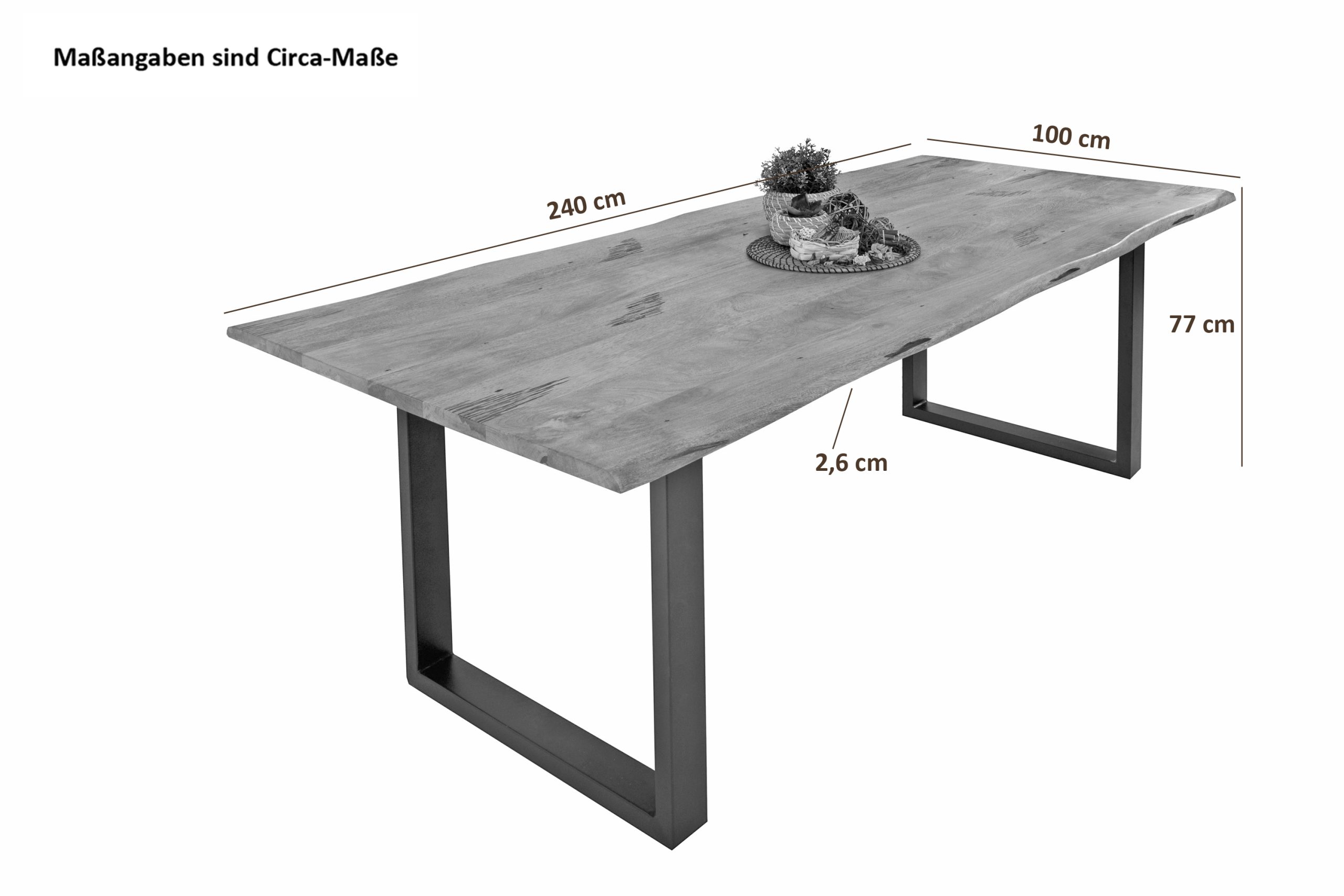 Baumkantentisch Mangoholz Esstisch Vintage-Optik 240 x 100 cm U-Gestell schwarz TIGER – Bild 4