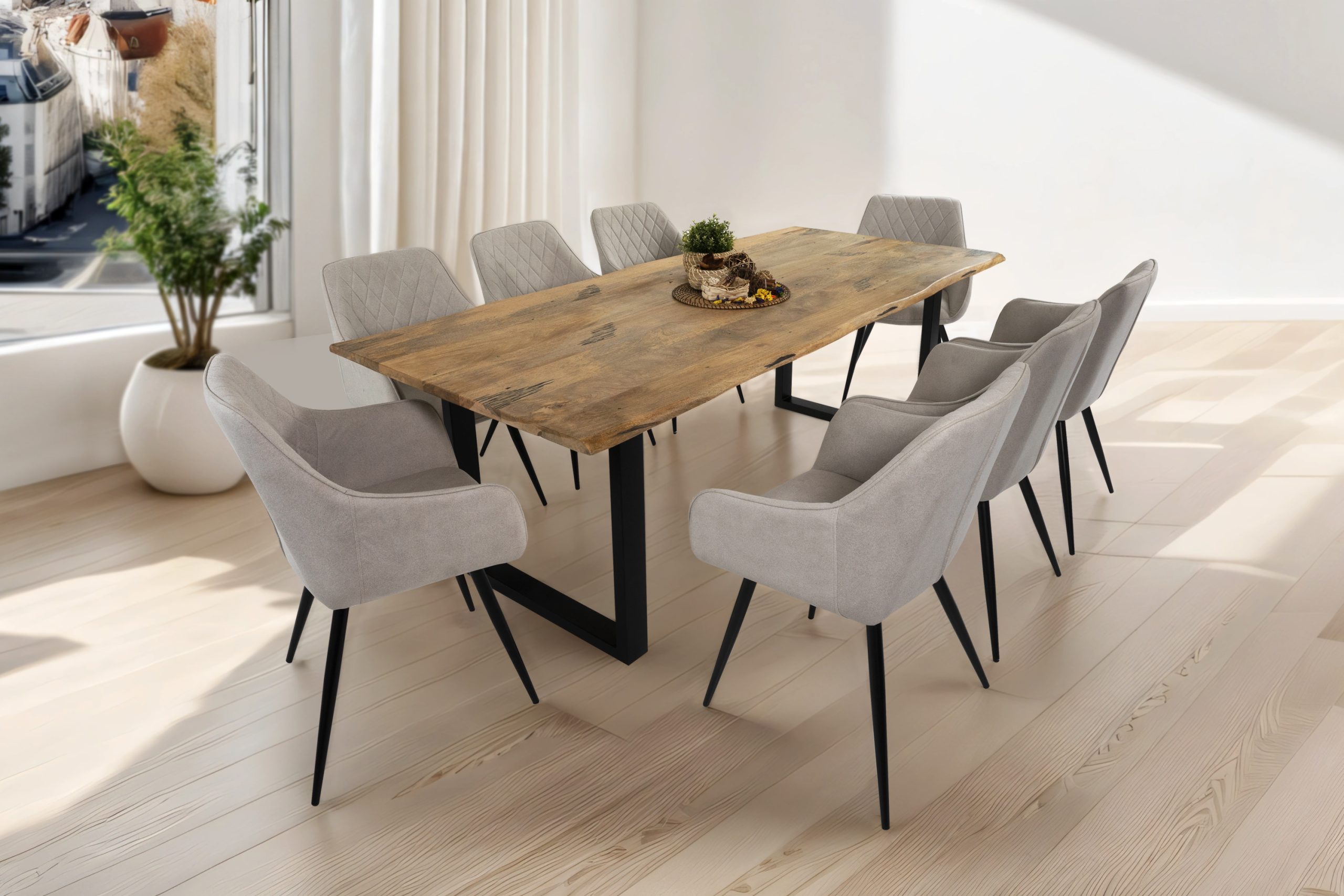 Baumkantentisch Mangoholz Esstisch Vintage-Optik 240 x 100 cm U-Gestell schwarz TIGER – Bild 7