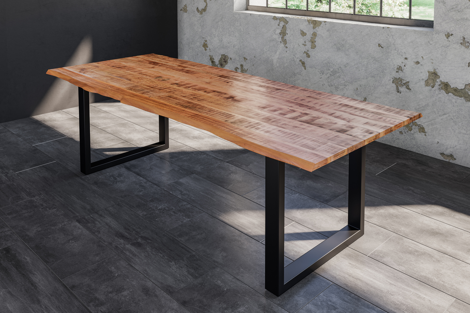 Baumkantentisch Esstisch Mangoholz massiv U-Gestell schwarz 220 x 100 cm DORA