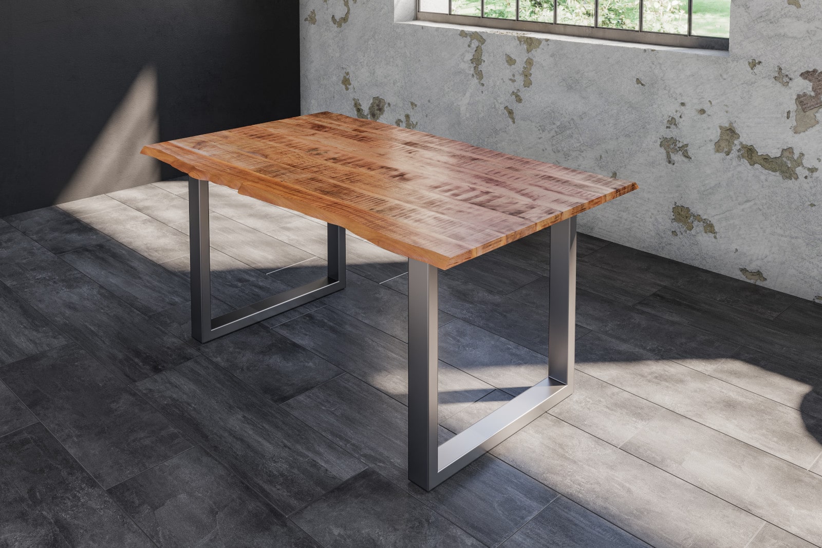 Baumkantentisch Esstisch Mangoholz massiv U-Gestell silber 120 x 80 cm DORA