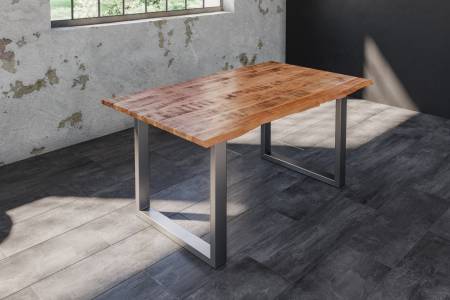 B-Ware Baumkantentisch Esstisch Mangoholz massiv U-Gestell silber 120 x 80 cm DORA