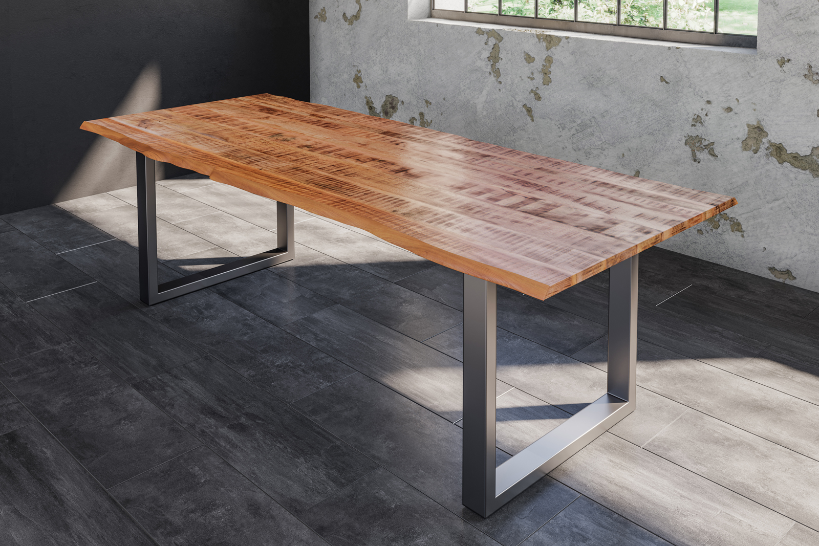 Baumkantentisch Esstisch Mangoholz massiv U-Gestell silber 180 x 90 cm DORA