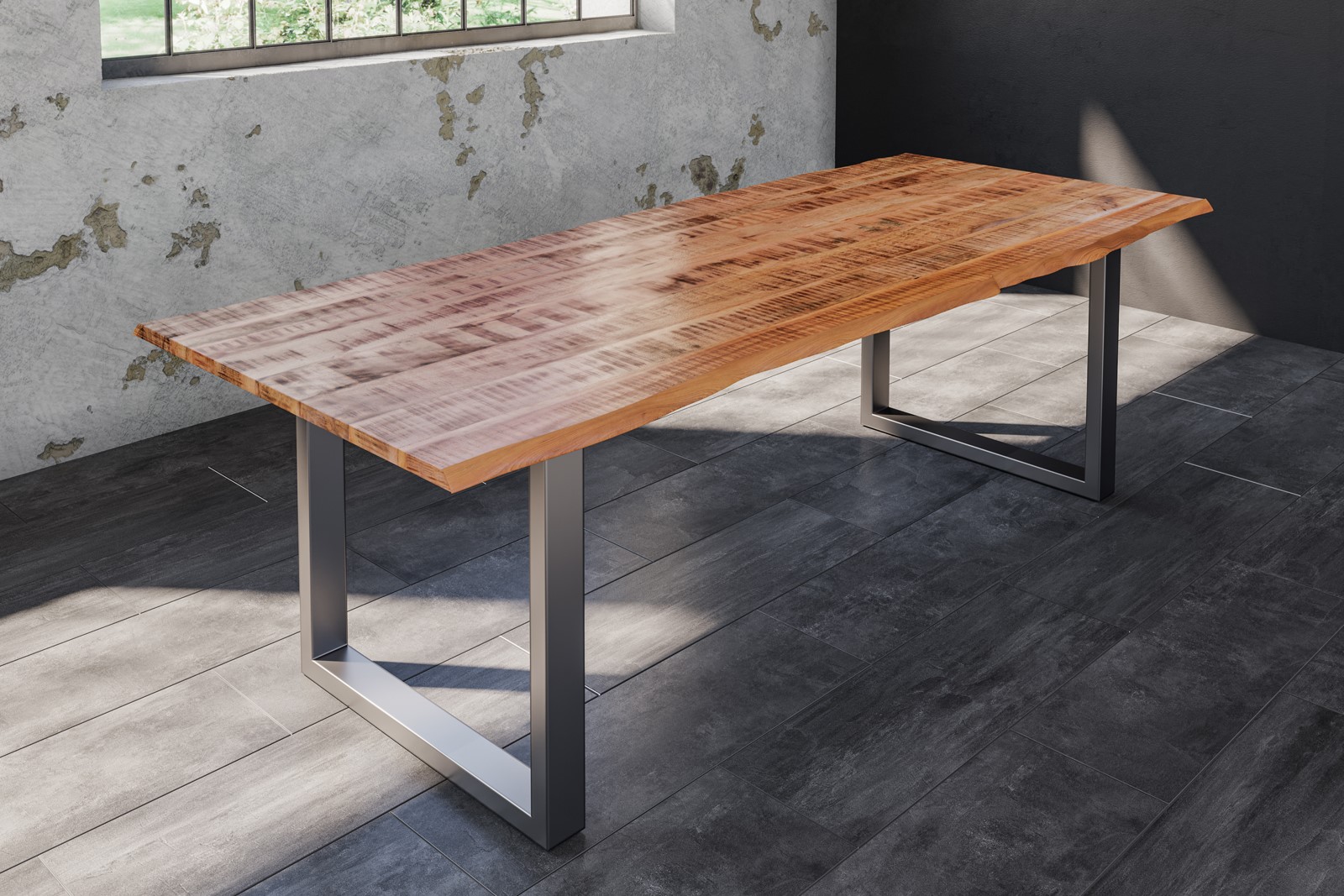 Baumkantentisch Esstisch Mangoholz massiv U-Gestell silber 300 x 100 cm DORA