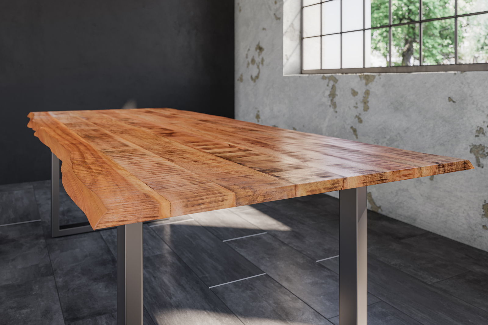 B-Ware Baumkantentisch Esstisch Mangoholz massiv U-Gestell silber 300 x 100 cm DORA – Bild 4