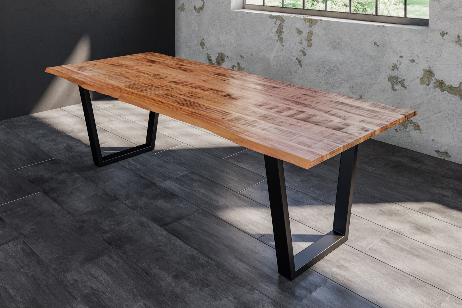 Baumkantentisch Esstisch Mangoholz massiv V-Gestell schwarz 180 x 90 cm DORA