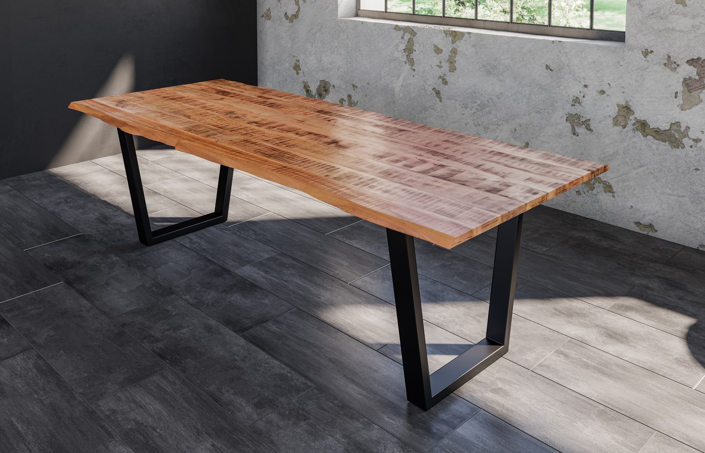 Baumkantentisch Esstisch Mangoholz massiv V-Gestell schwarz 220 x 100 cm DORA