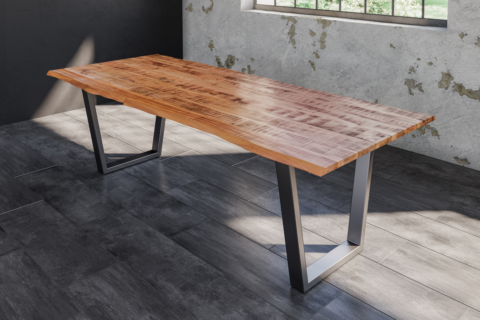 Baumkantentisch Esstisch Mangoholz massiv V-Gestell silber 220 x 100 cm DORA