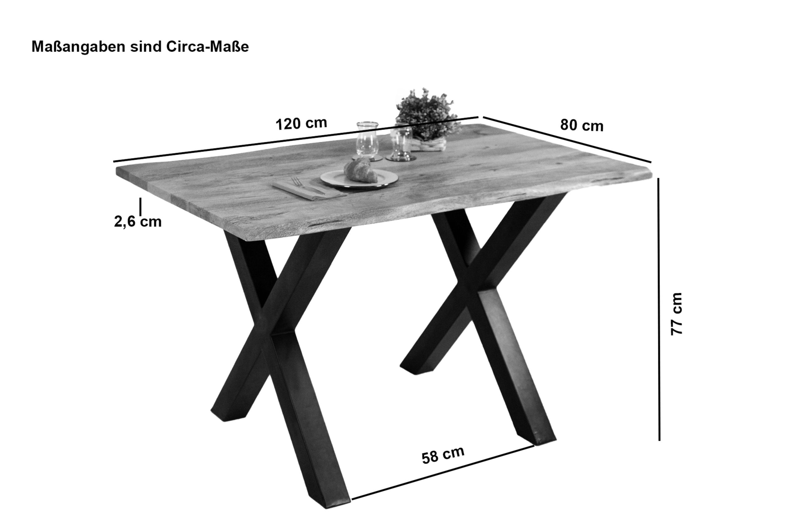 Baumkantentisch Mangoholz Esstisch Vintage-Optik 120 x 80 cm X-Gestell schwarz TIGER – Bild 4