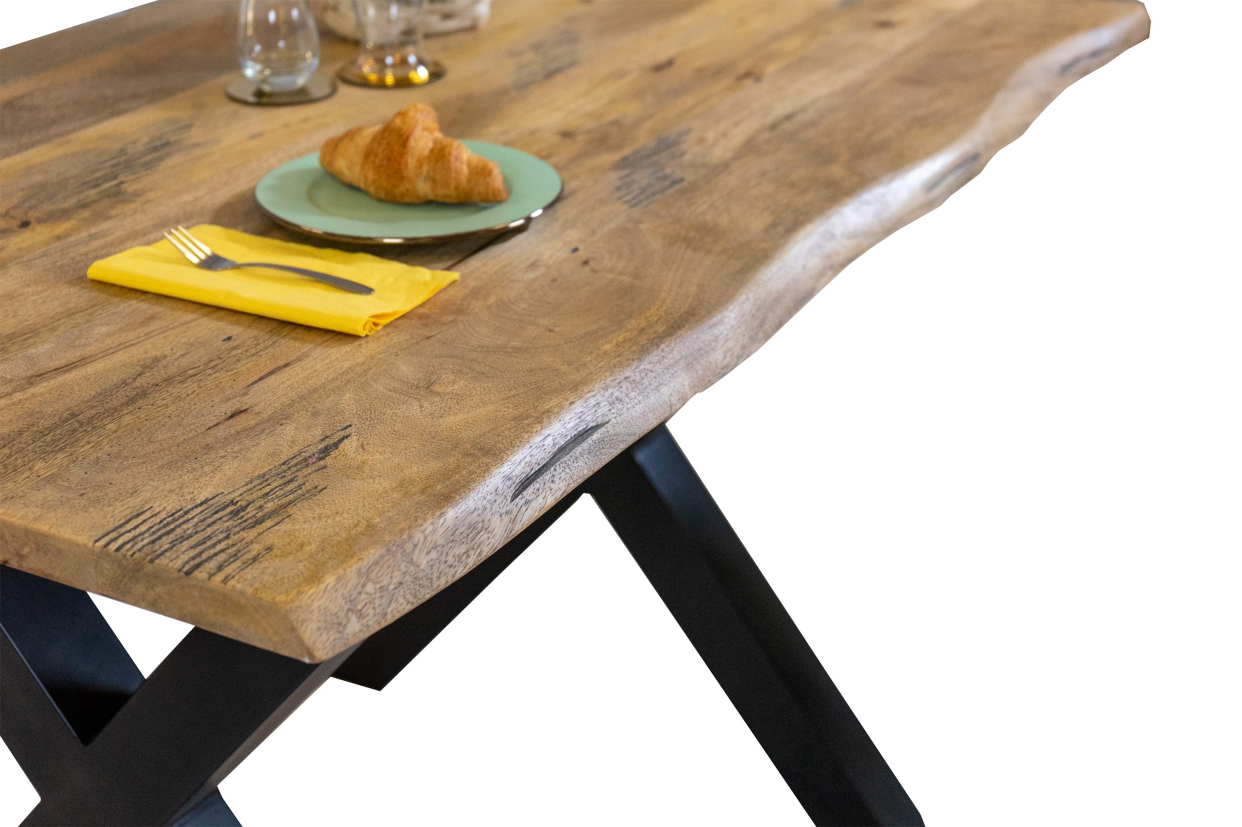 Baumkantentisch Mangoholz Esstisch Vintage-Optik 120 x 80 cm X-Gestell schwarz TIGER – Bild 5