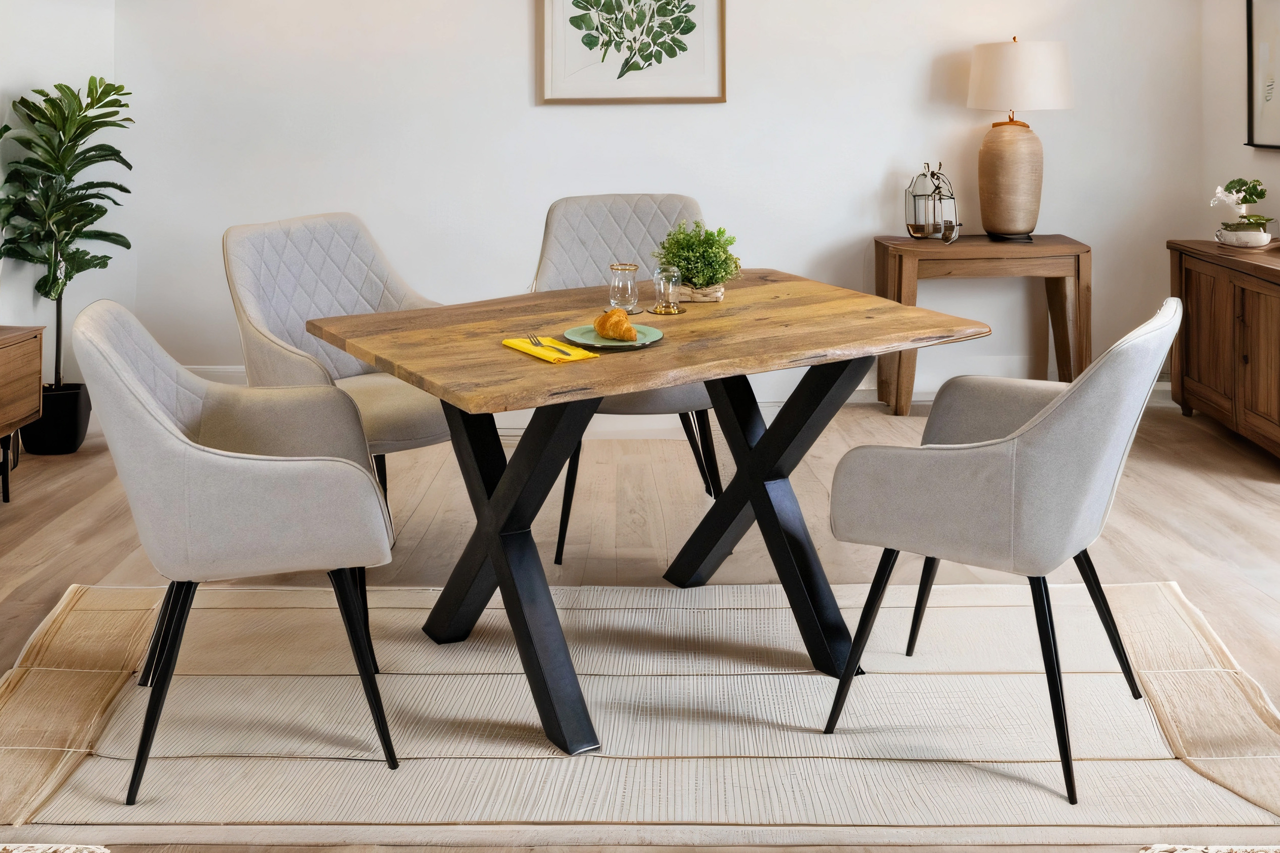 Baumkantentisch Mangoholz Esstisch Vintage-Optik 120 x 80 cm X-Gestell schwarz TIGER – Bild 7