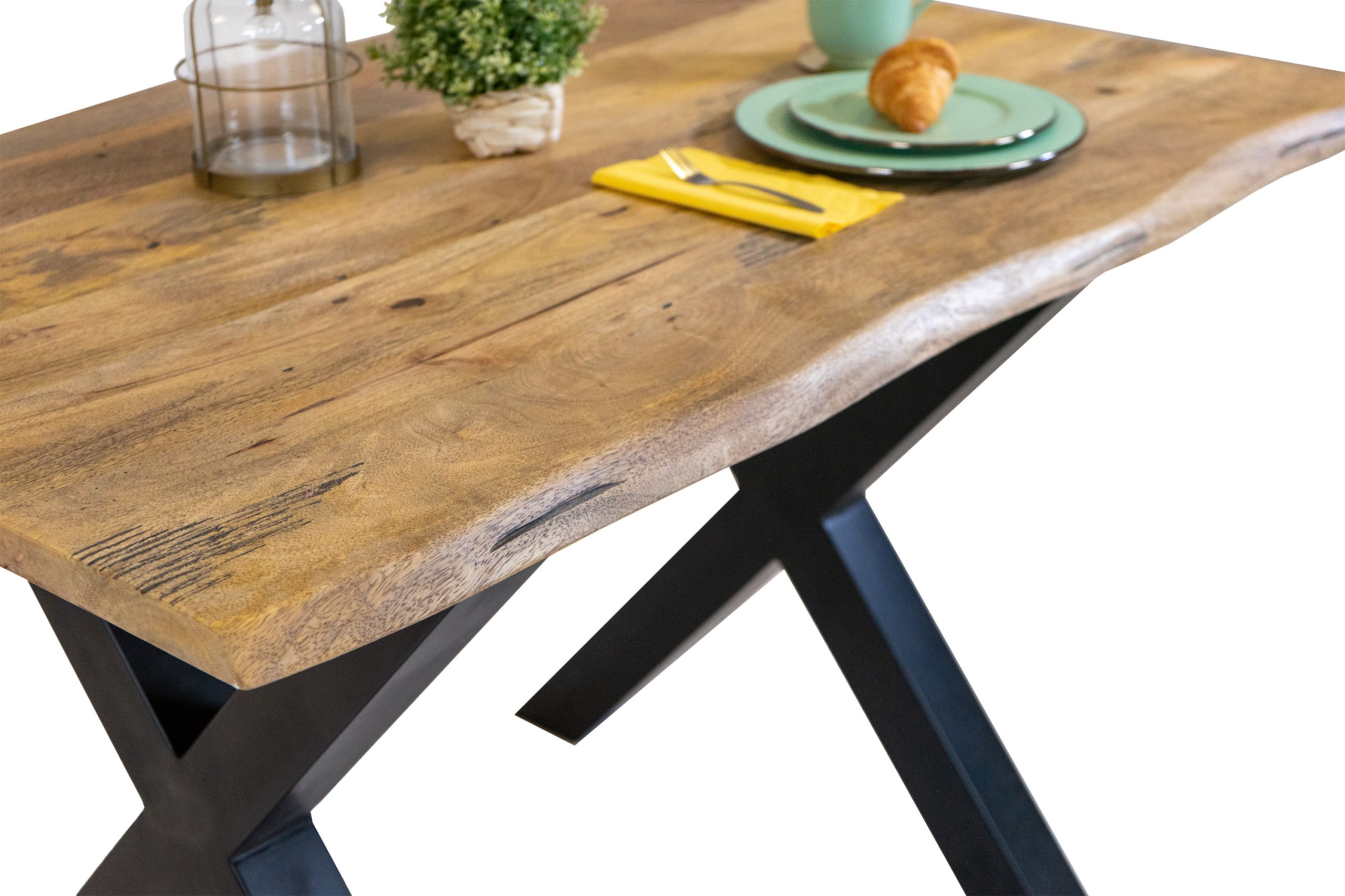 Baumkantentisch Mangoholz Esstisch Vintage-Optik 140 x 80 cm X-Gestell schwarz TIGER – Bild 5