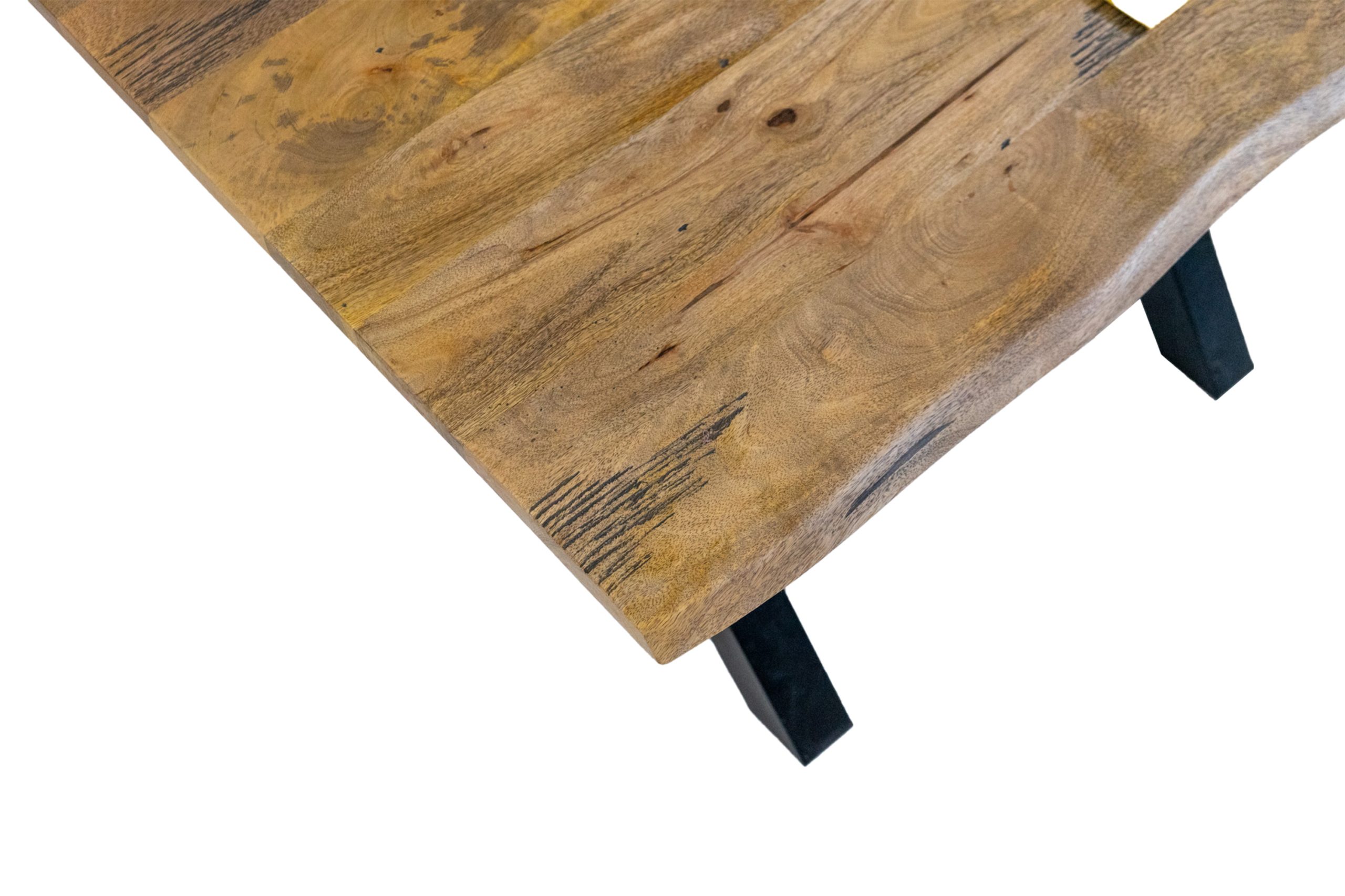 Baumkantentisch Mangoholz Esstisch Vintage-Optik 140 x 80 cm X-Gestell schwarz TIGER – Bild 6