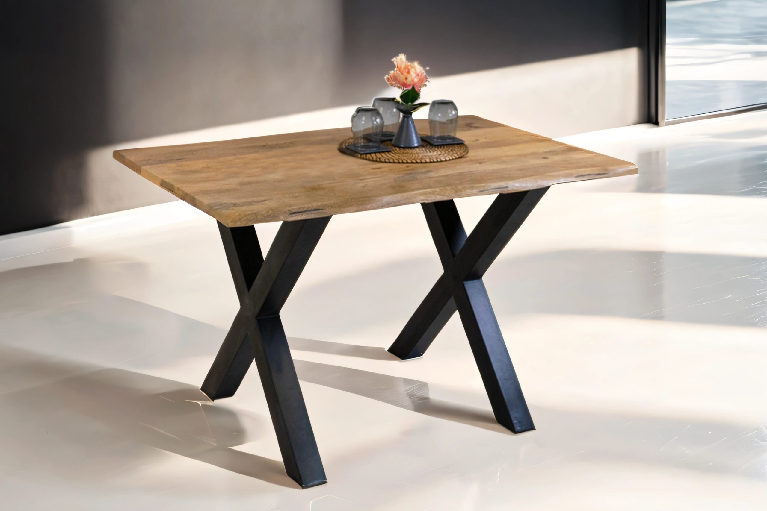 Baumkantentisch Mangoholz Esstisch Vintage-Optik 160 x 85 cm X-Gestell schwarzTIGER