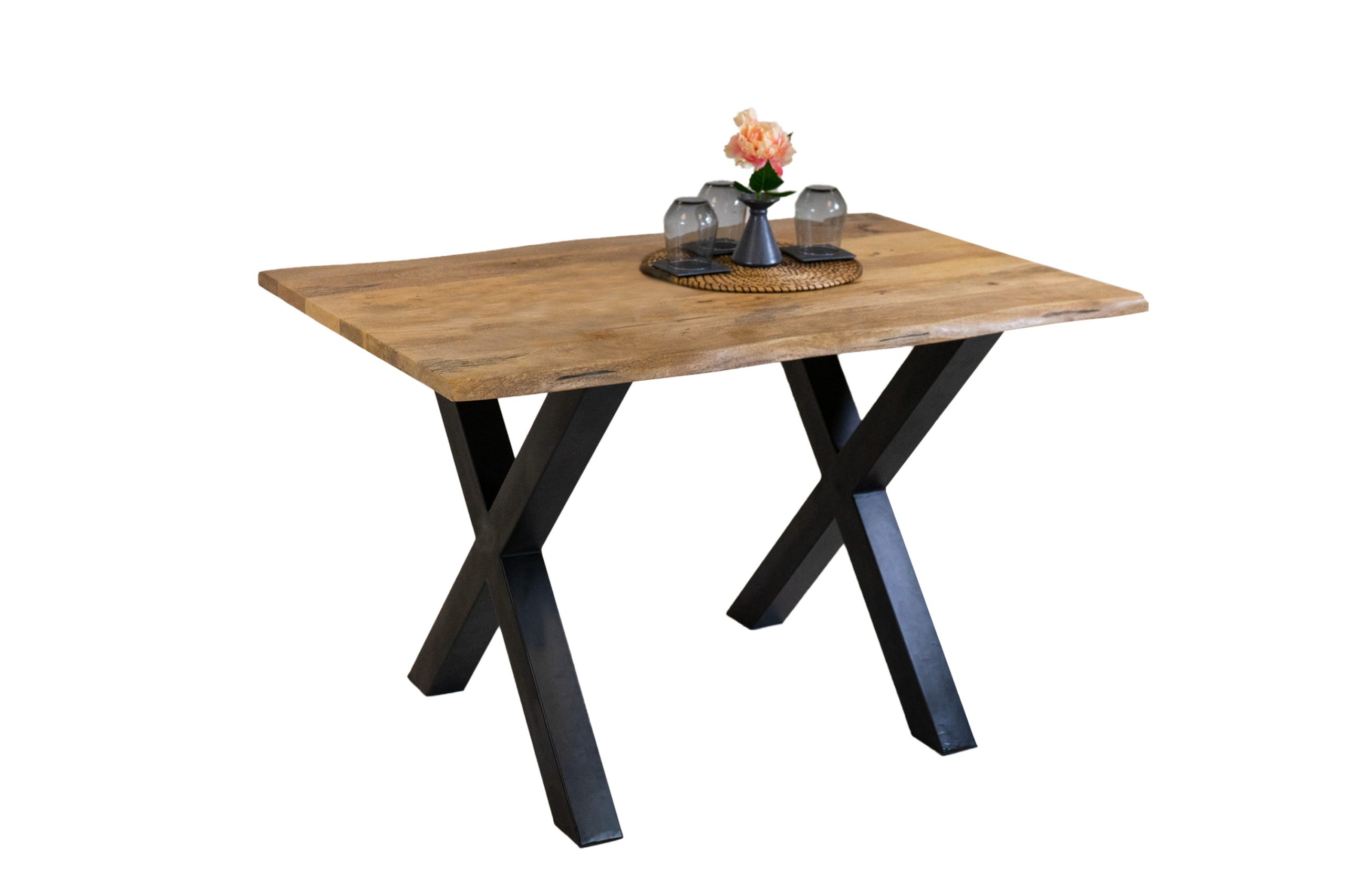 Baumkantentisch Mangoholz Esstisch Vintage-Optik 160 x 85 cm X-Gestell schwarzTIGER – Bild 3