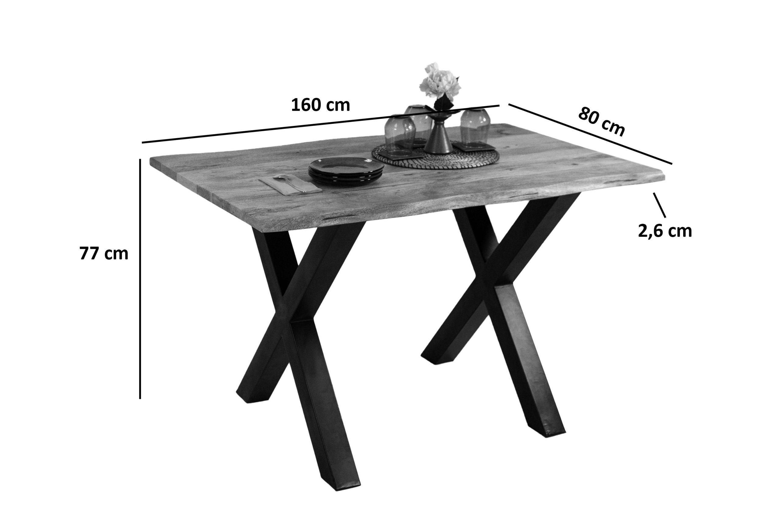 Baumkantentisch Mangoholz Esstisch Vintage-Optik 160 x 85 cm X-Gestell schwarzTIGER – Bild 4