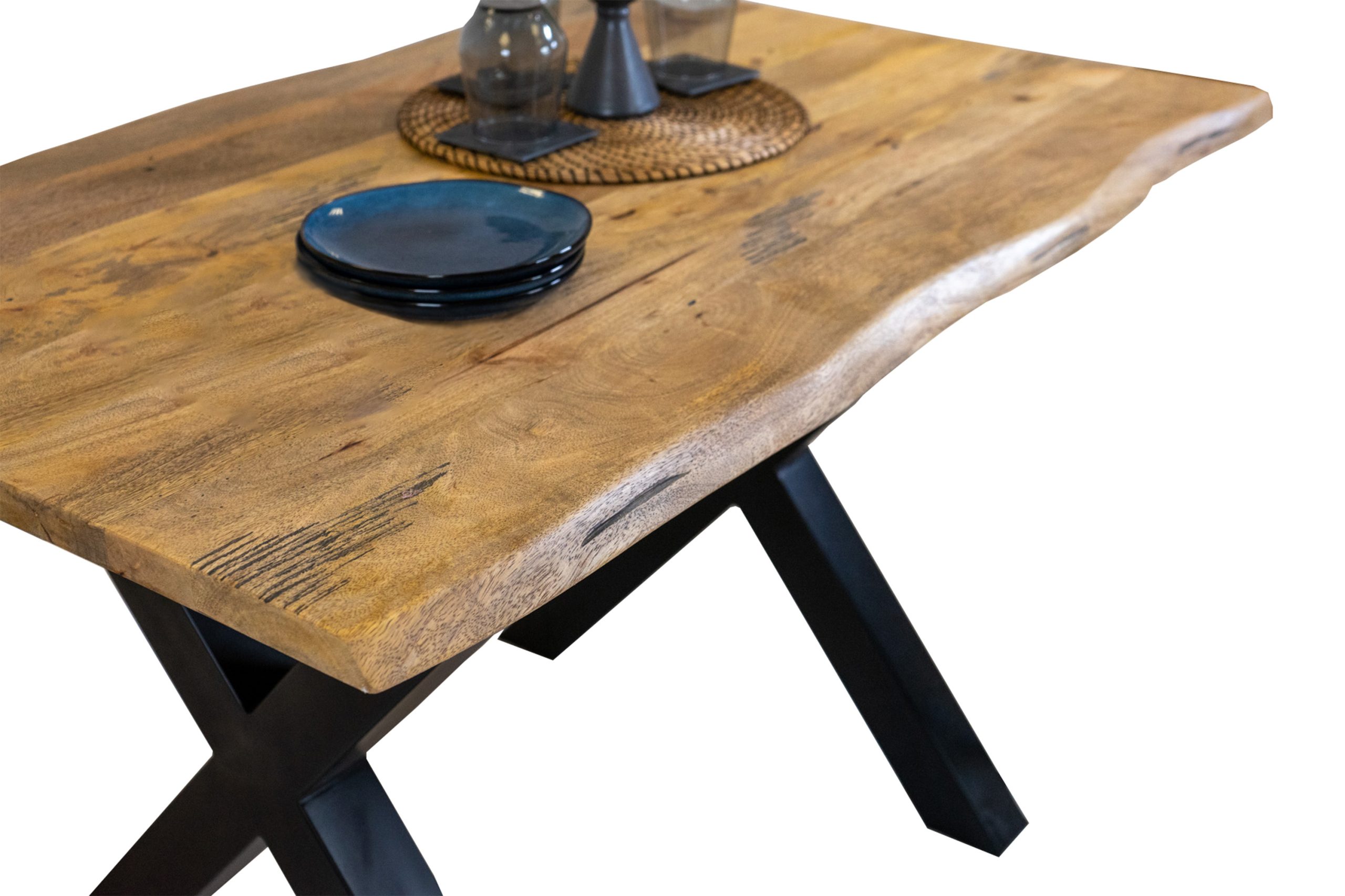 Baumkantentisch Mangoholz Esstisch Vintage-Optik 160 x 85 cm X-Gestell schwarzTIGER – Bild 5