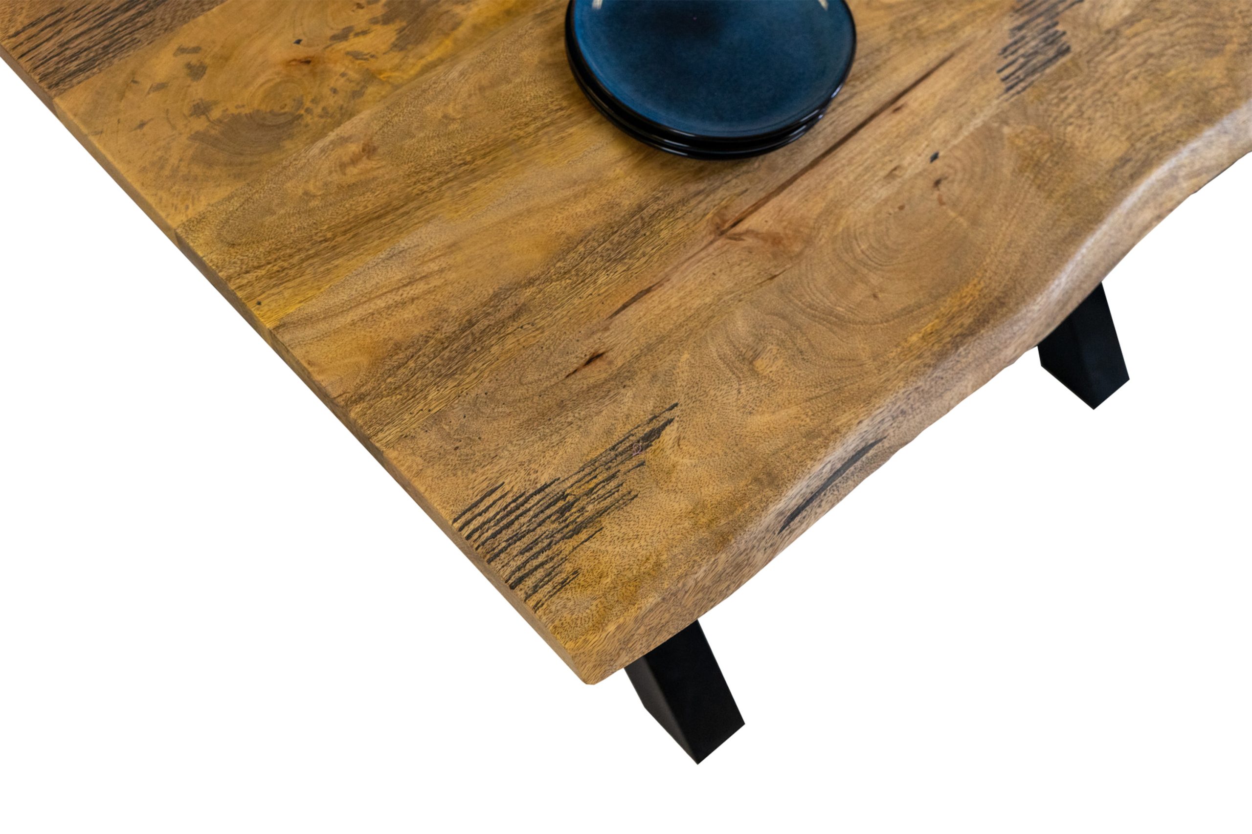 Baumkantentisch Mangoholz Esstisch Vintage-Optik 160 x 85 cm X-Gestell schwarzTIGER – Bild 6