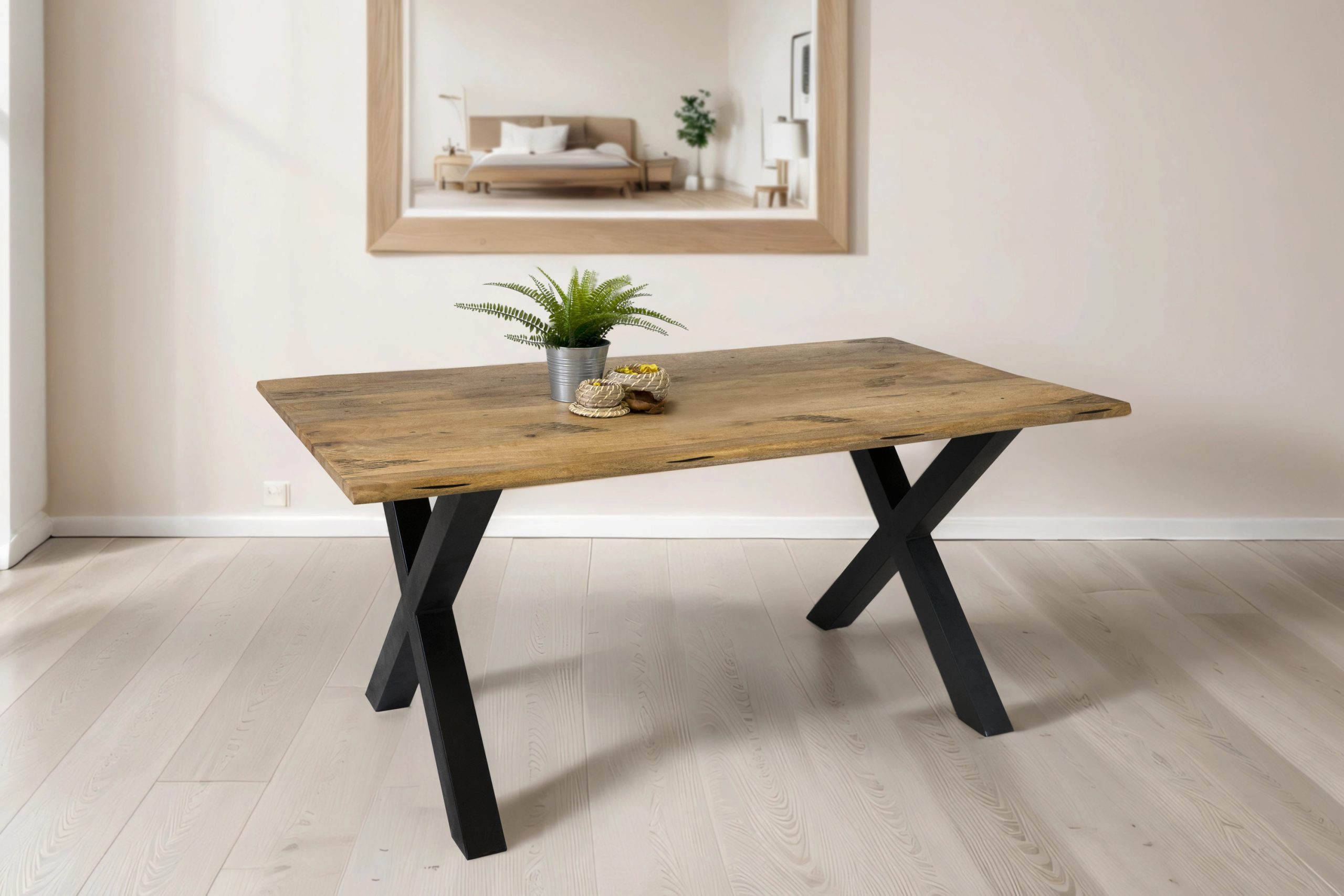 Baumkantentisch Mangoholz Esstisch Vintage-Optik 180 x 90 cm X-Gestell schwarz TIGER