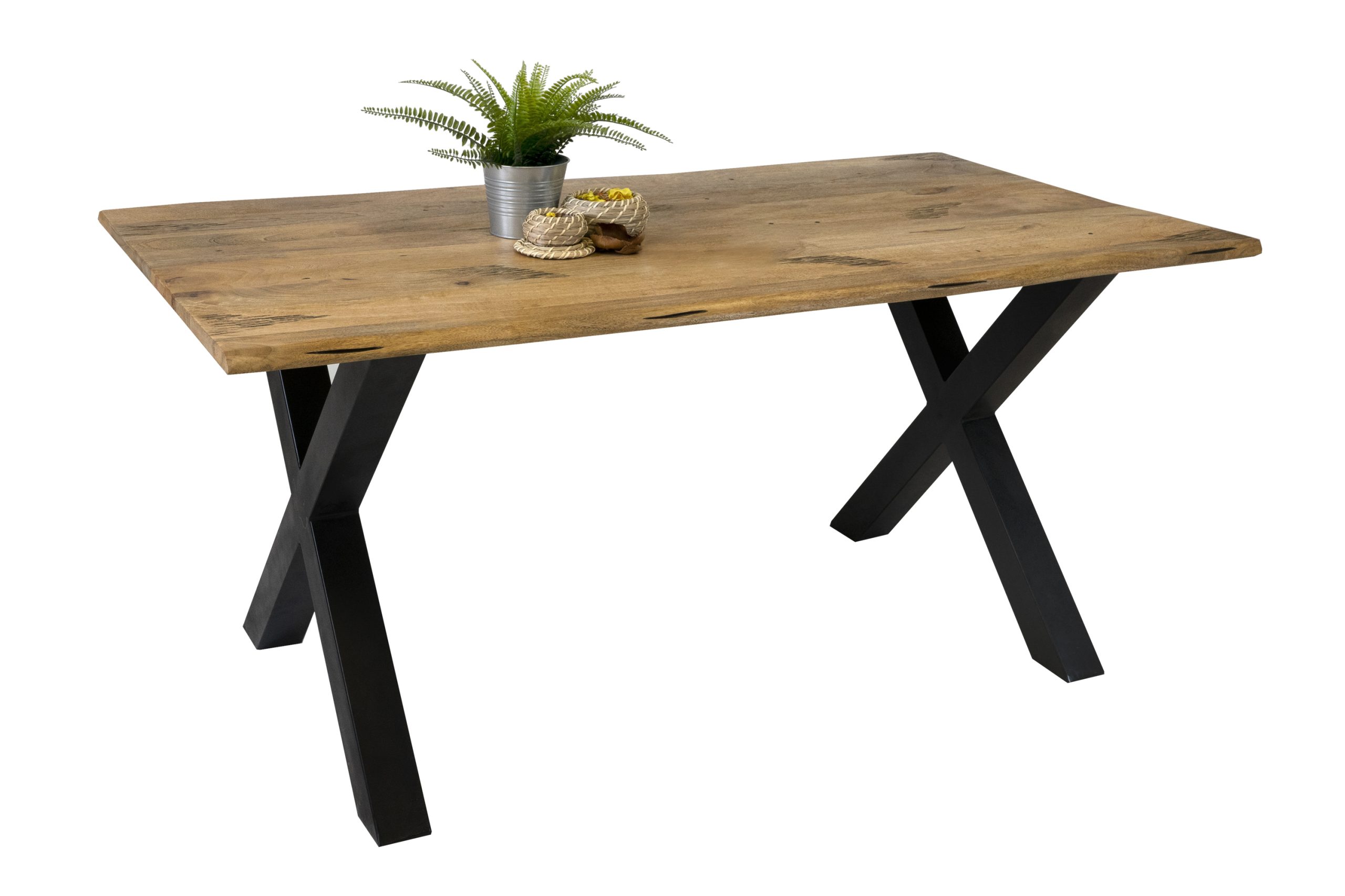 Baumkantentisch Mangoholz Esstisch Vintage-Optik 180 x 90 cm X-Gestell schwarz TIGER – Bild 3