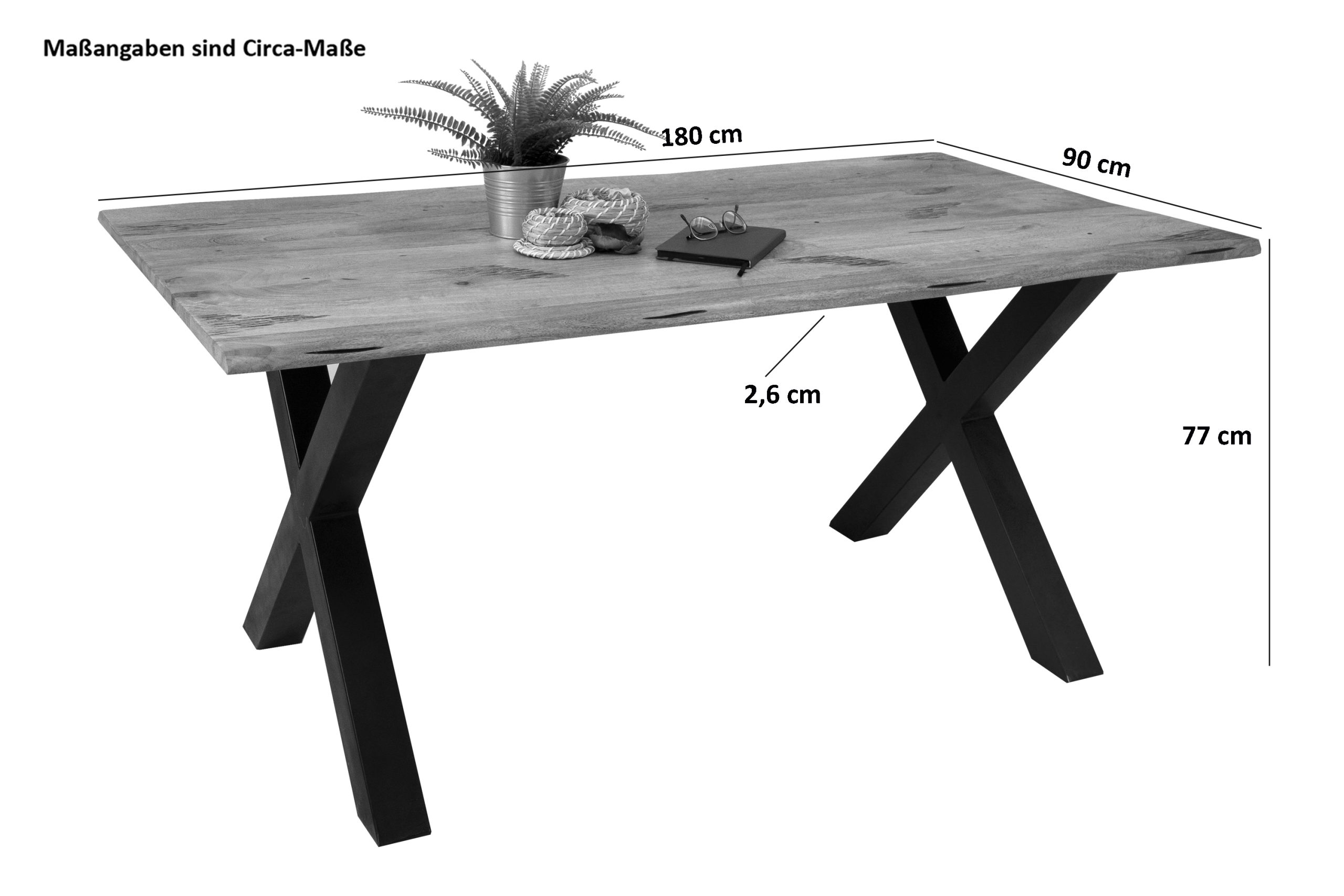 Baumkantentisch Mangoholz Esstisch Vintage-Optik 180 x 90 cm X-Gestell schwarz TIGER – Bild 4